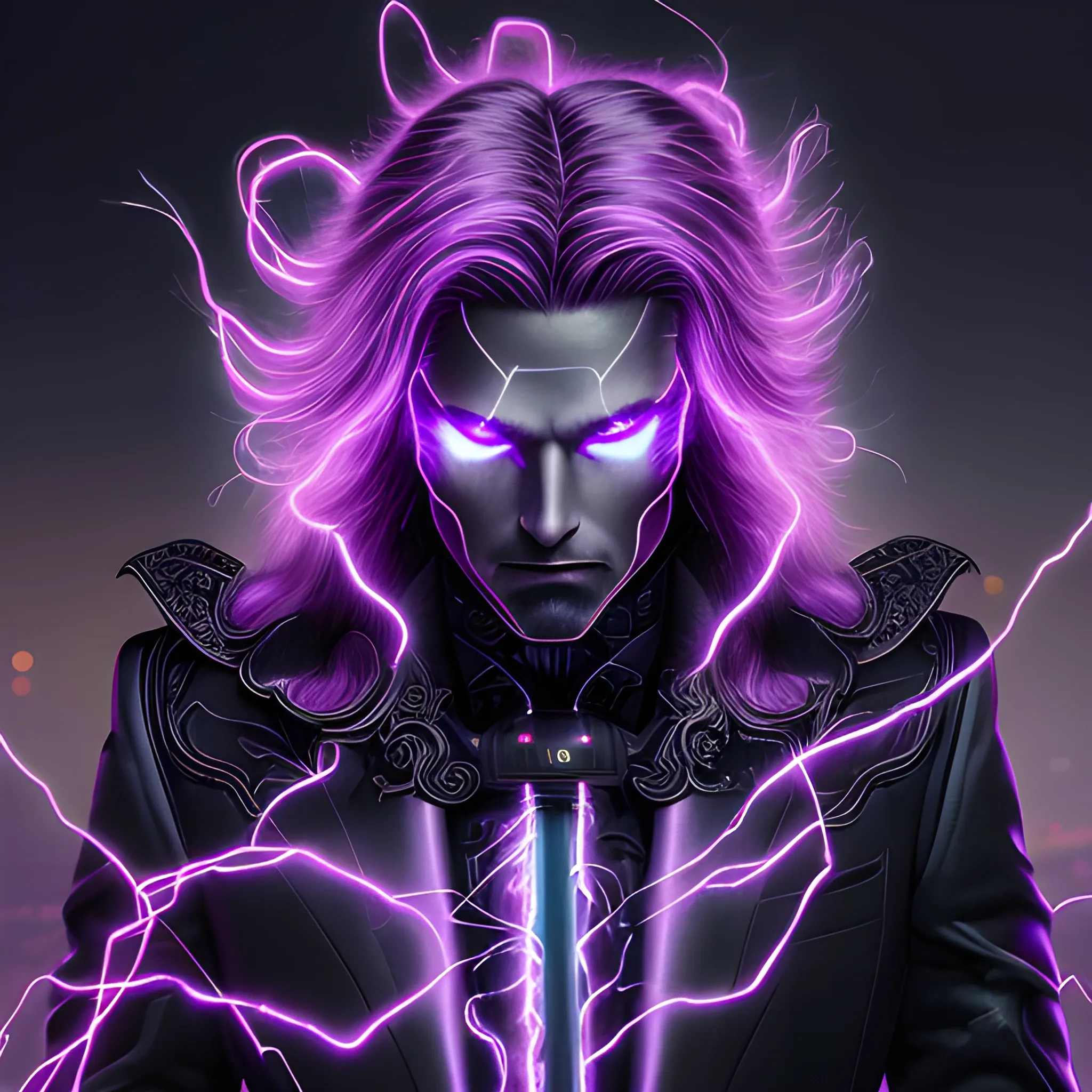 a portrait of a man, glowing eyes, long hair, background lightnings, smog, fantasy, black suit and glowing lights on it, the purple is dominant, elegant, hyperrialistic, ultra detailed, filigree, cable electric wires, feathers, 3/4 view,