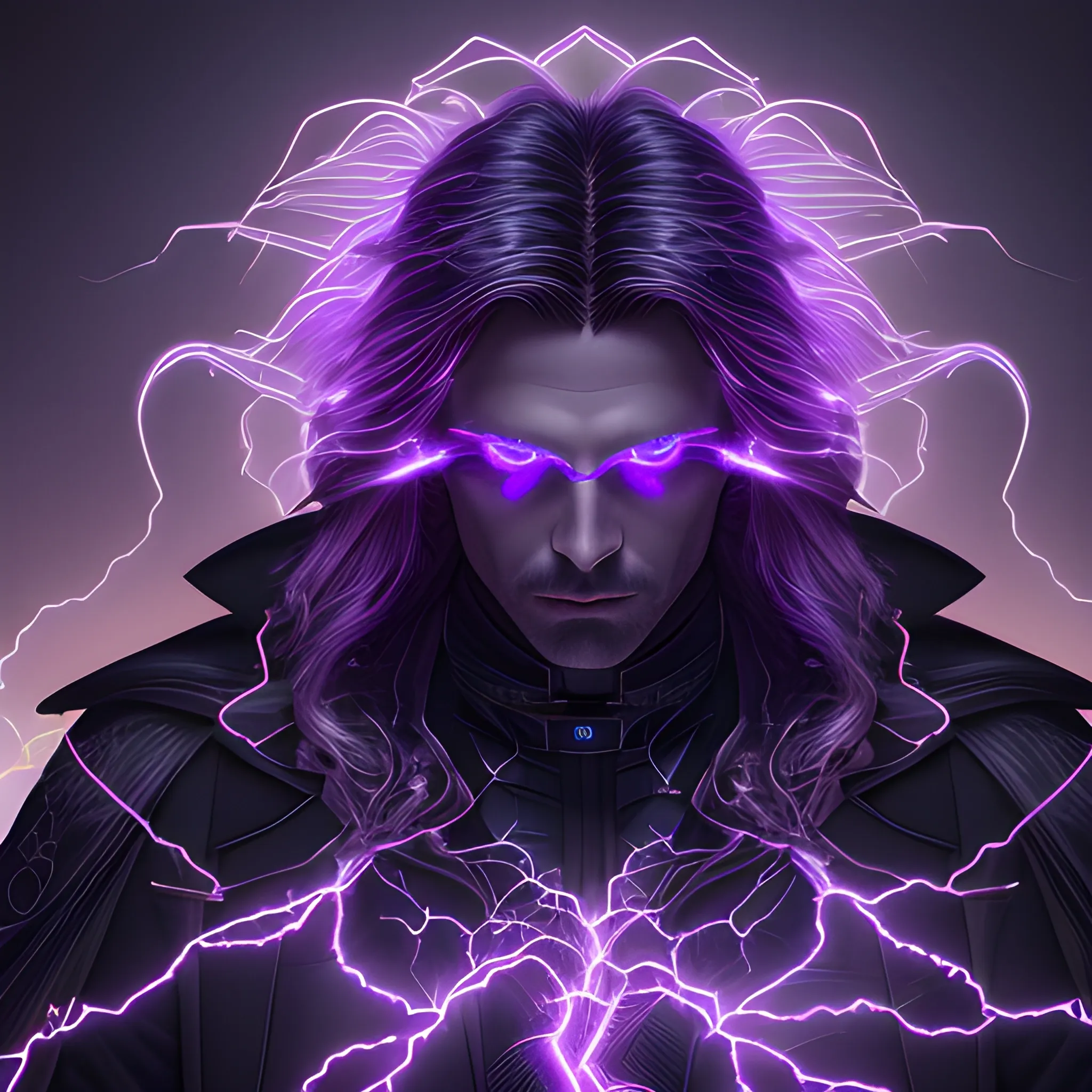a portrait of a man, glowing eyes, long hair, background lightnings, smog, fantasy, black suit and glowing lights on it, the purple is dominant, elegant, hyperrialistic, ultra detailed, filigree, cable electric wires, feathers, 3/4 view,