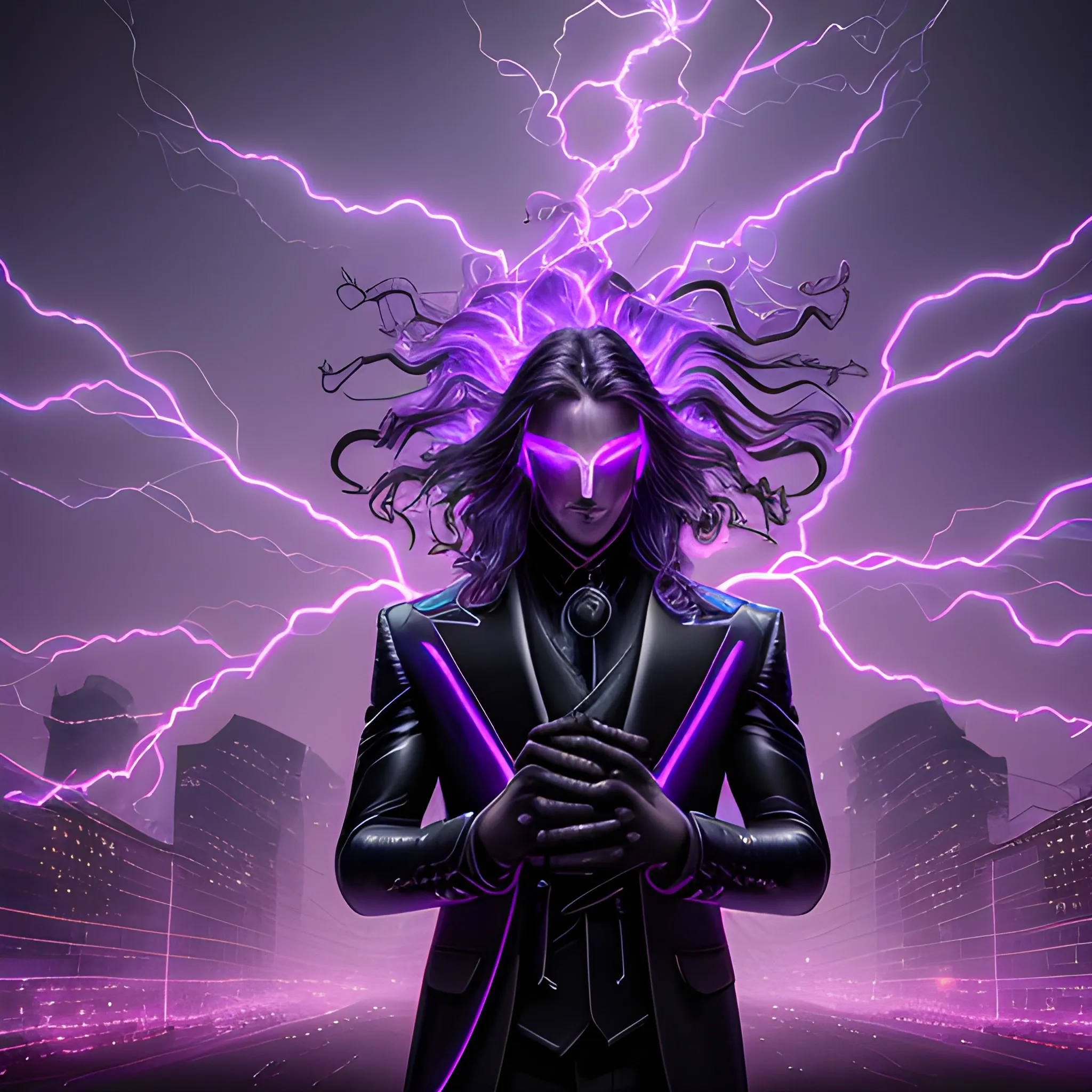 a portrait of a man, glowing eyes, long hair, background lightnings, smog, fantasy, black suit and glowing lights on it, the purple is dominant, elegant, hyperrialistic, ultra detailed, filigree, cable electric wires, feathers, 3/4 view,