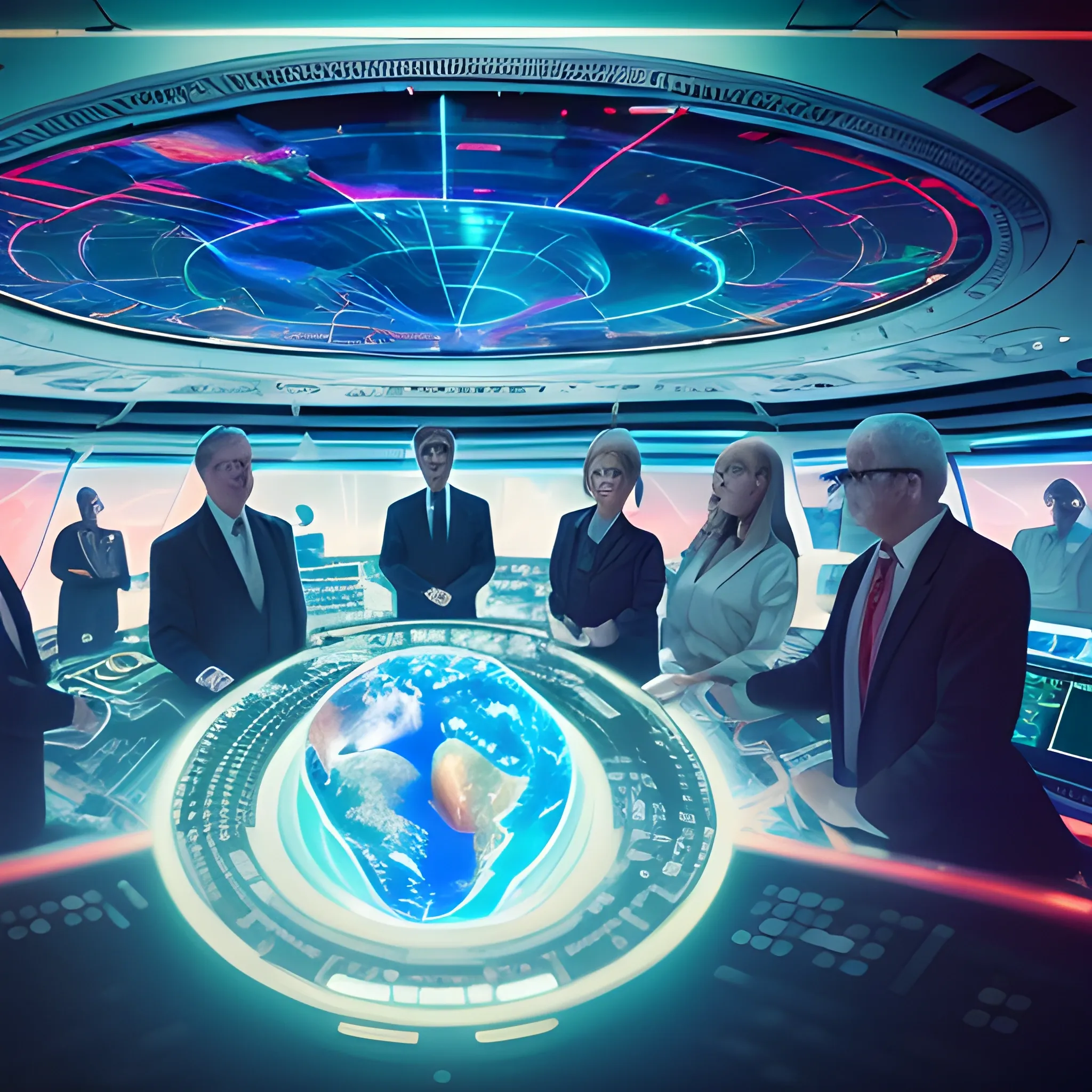 RAW photo, sales people in a control center of a ship selecting leads with a hologram of the earth as they rule over it, demonic, 8k uhd, dslr, soft lighting, high quality, film grain, Fujifilm XT3, Cartoon, Trippy, Oil Painting