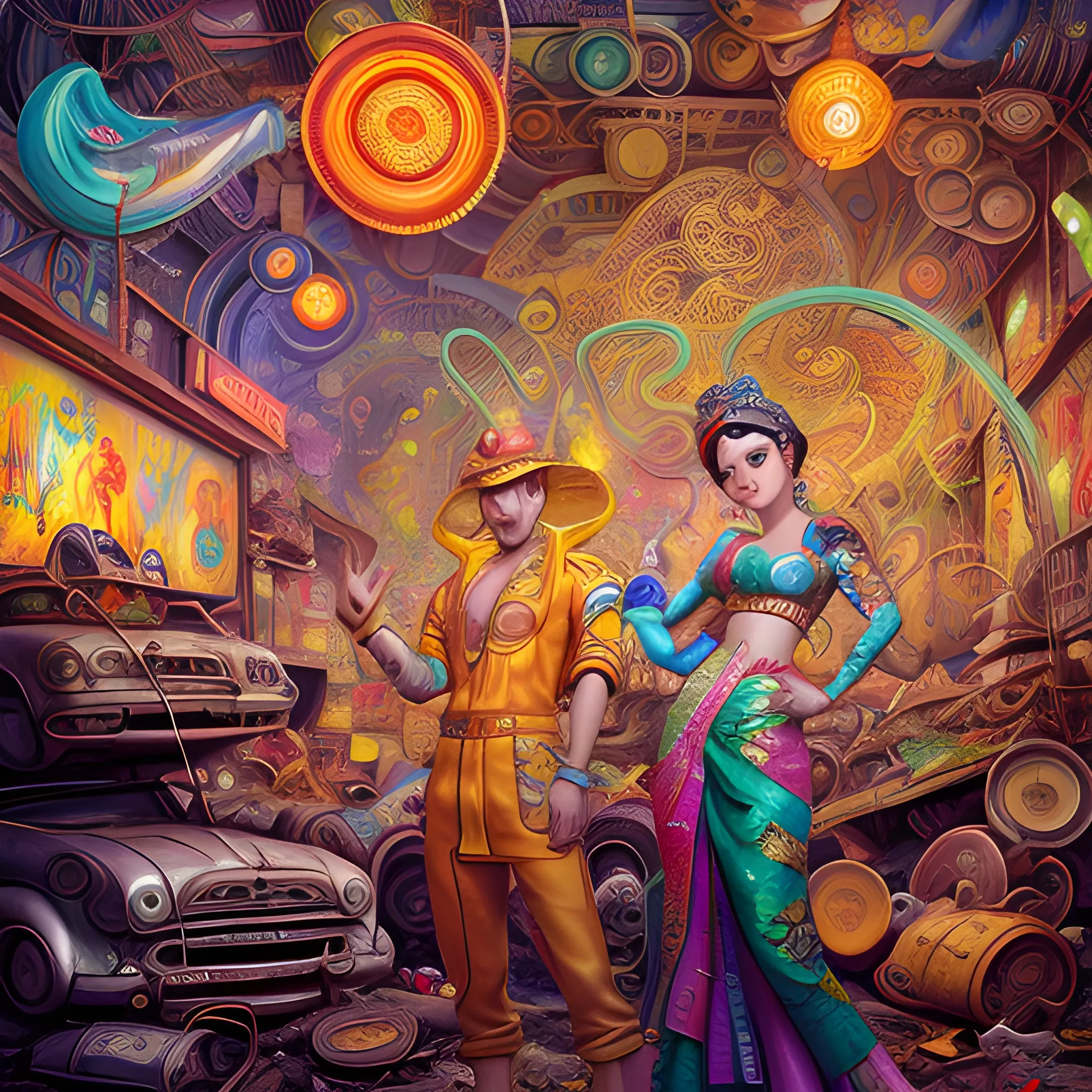 a sperm cartoon  pair, in a junkyard full of junk in the style of Assamese bihu mekhela sador gamosa design, art by Victor Nizovtsev and Josephine Wall and Chie Yoshii, artgerm and daz3d genesis iray, cinematic lighting, medium shot, mid-shot, Cartoon