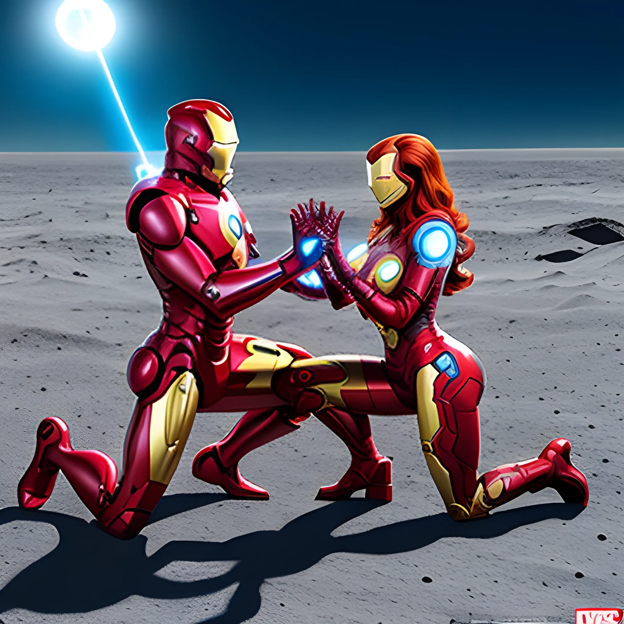 Iron Man and Supergirl are engaged in a battle on the surface of the moon. Supergirl uses heat rays while Iron Man is half-kneeling, activating a blue energy shield for defense.