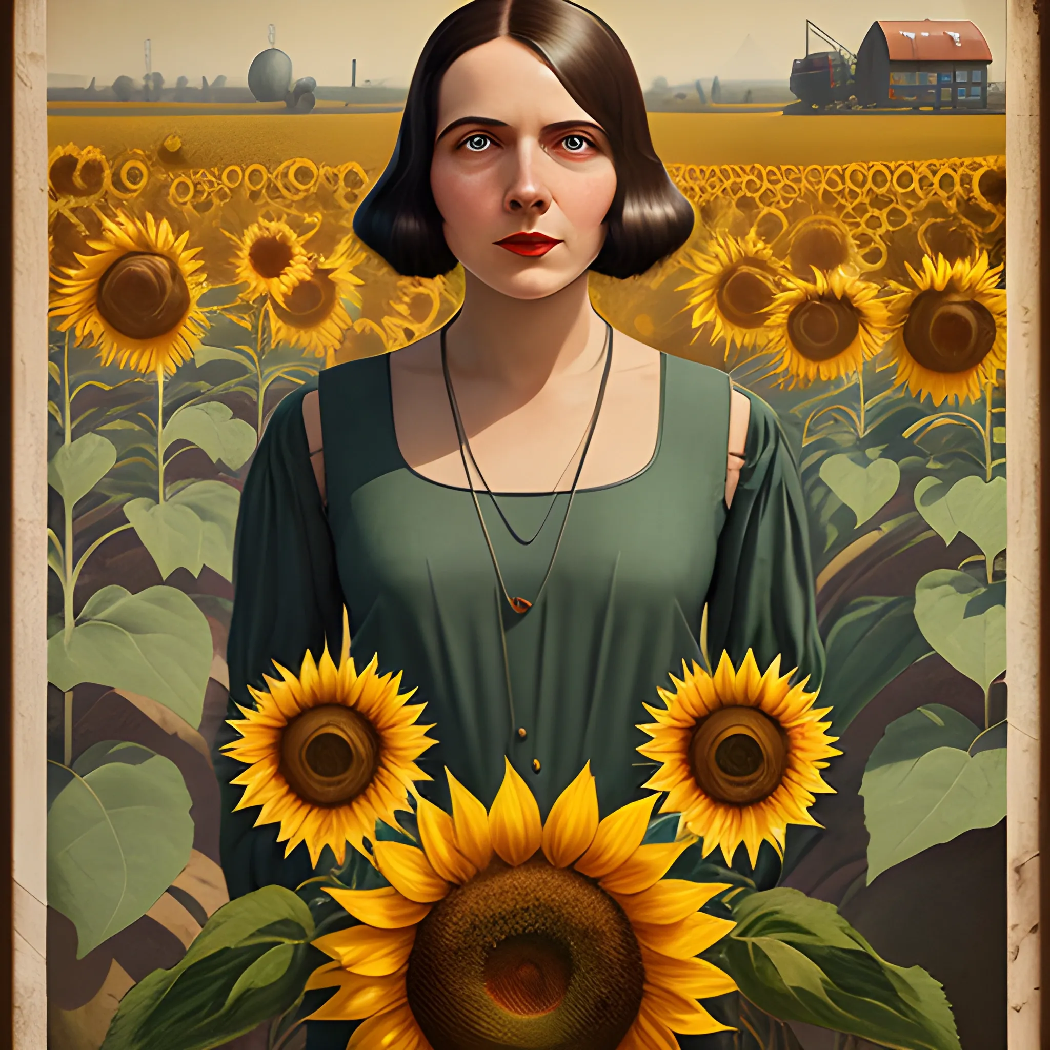 intage Medium Shot 1920's Poster, futuristic, a woman in sunflower farm, 8k resolution, hyper-realistic, Futuristic, Simon Stalenhag,