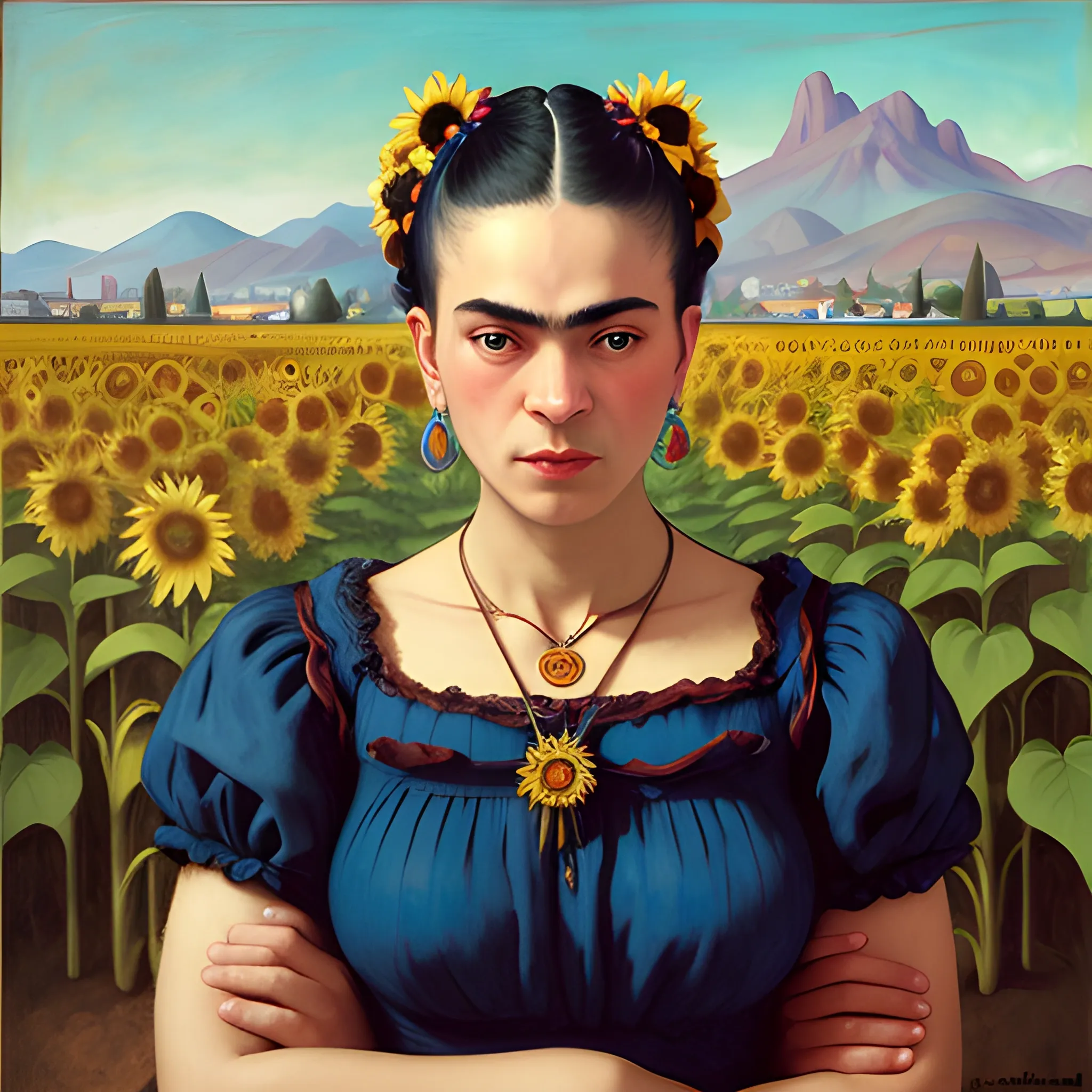  a woman in sunflower farm, cyan, roaring, art by Eugène Delacroix, 35mm octane render, art by Michelangelo Buonarroti,  bill henson style, Tom Bagshaw, art by Francisco De Goya, art by Edward Hopper, art by Johannes Vermeer, art by Henri Matisse, art by William Blake, art by Magdalena Carmen Frida Kahlo Claderón, art by Edvard Munch, Clear Reflections, art by Magdalena Carmen Frida Kahlo Claderón