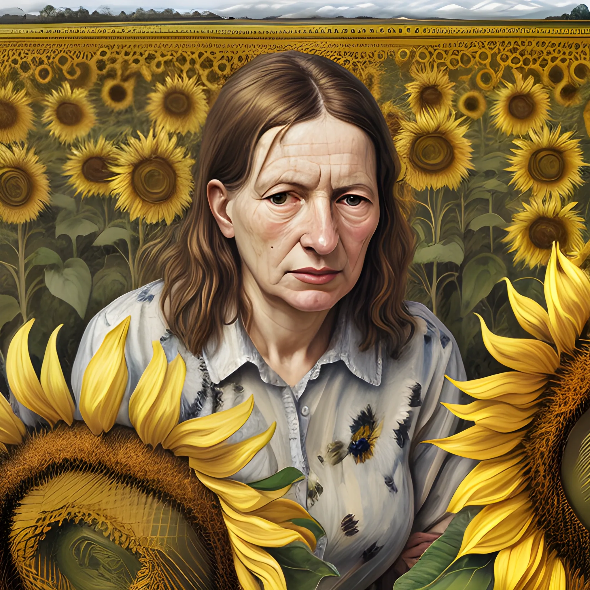 high-quality high detailed painting by Lucian Freud, hd,  a woman on a sunflower farm, photorealistic lighting