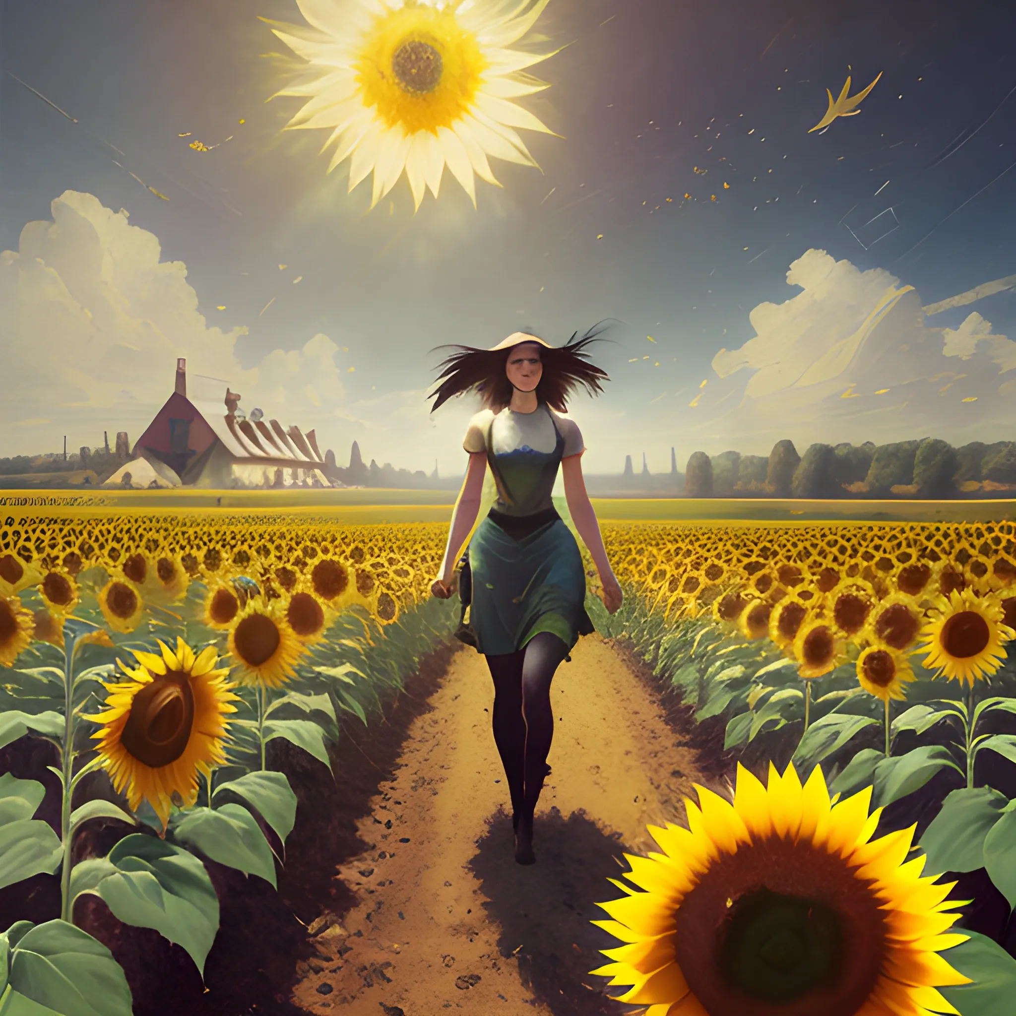 a woman in sunflower farm, Atelier Firis, Filip Hodas, art by Joseph-Mallord William Turner, art by Wassily Kandinsky - Photo, Frazetta, high octane render;