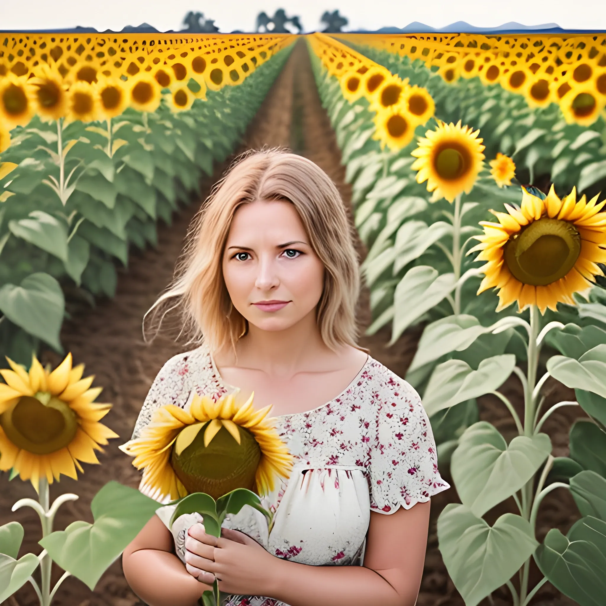 a photo still of a woman in a sunflower farm, 8 k, studio lighting bright ambient lighting key light, 8 5 mm f 1. 8