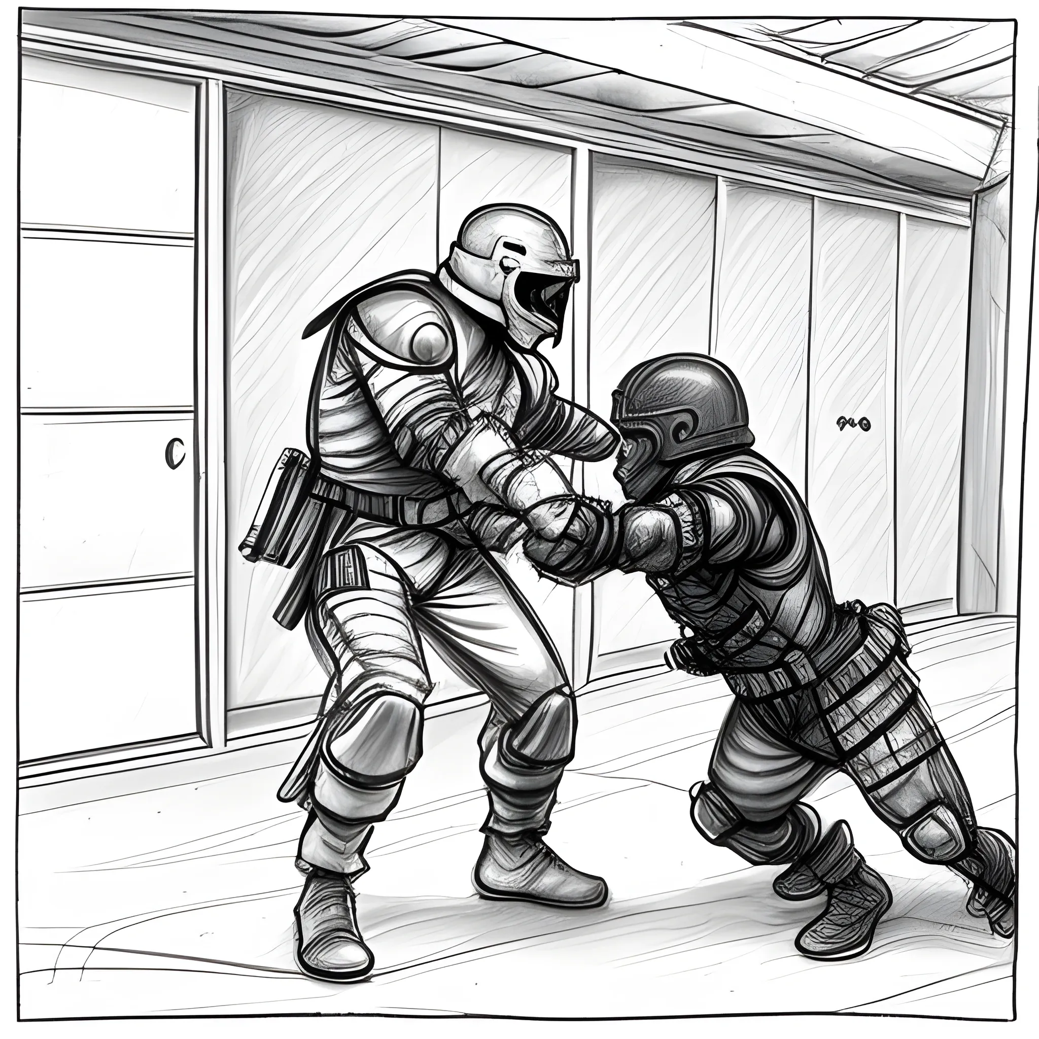 a fighter in his combat suit attacking a guard in the garage  , Pencil Sketch