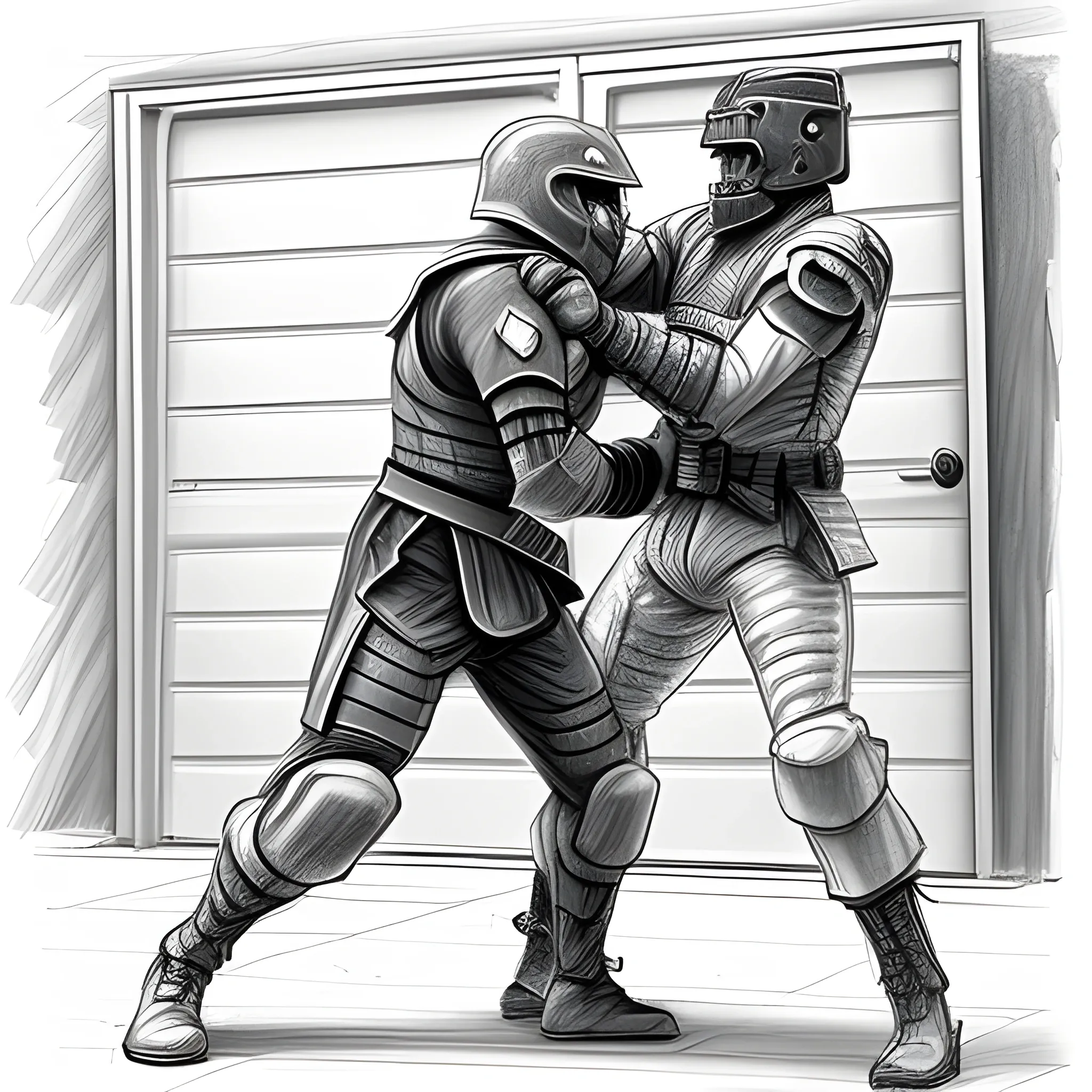 a fighter in his combat suit attacking a guard in the garage  , Pencil Sketch