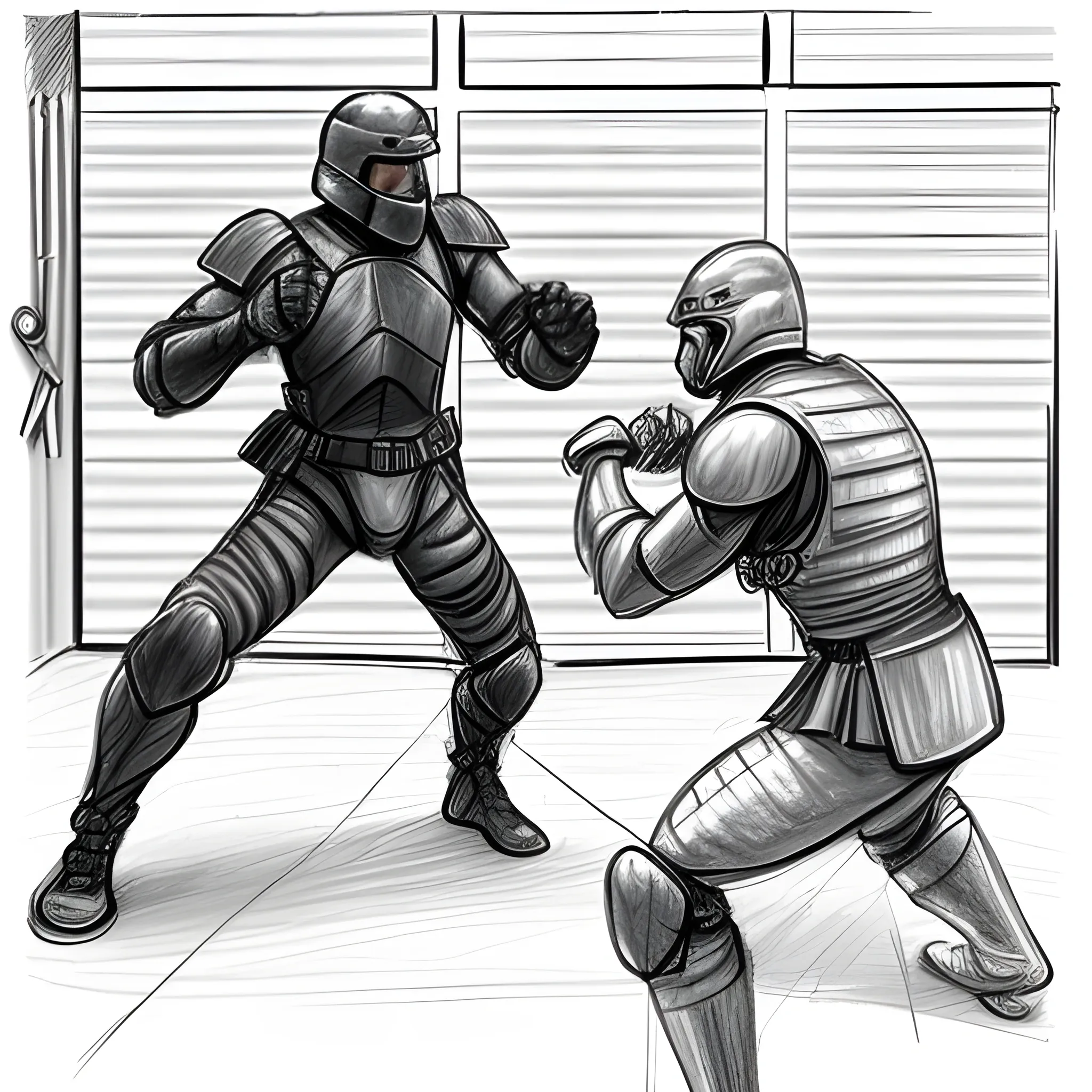 a fighter in his combat suit attacking a guard in the garage, using a combat nive,stap him in his nick, Pencil Sketch