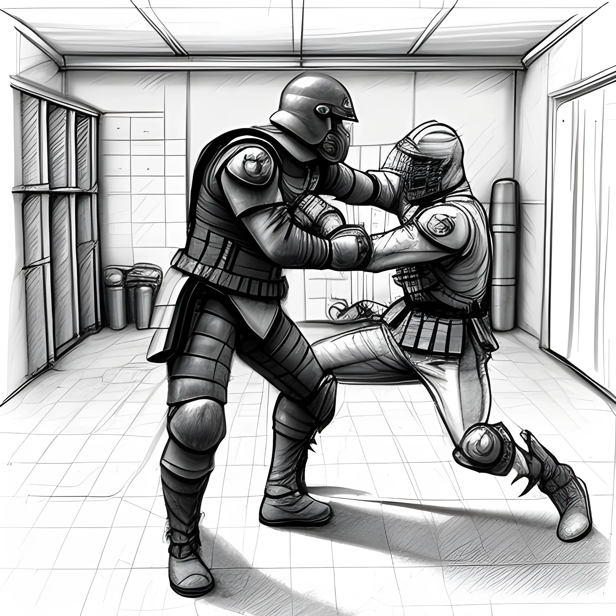 a fighter in his combat suit attacking a guard in the garage, using a combat nive,stap him in his nick, Pencil Sketch, 3D