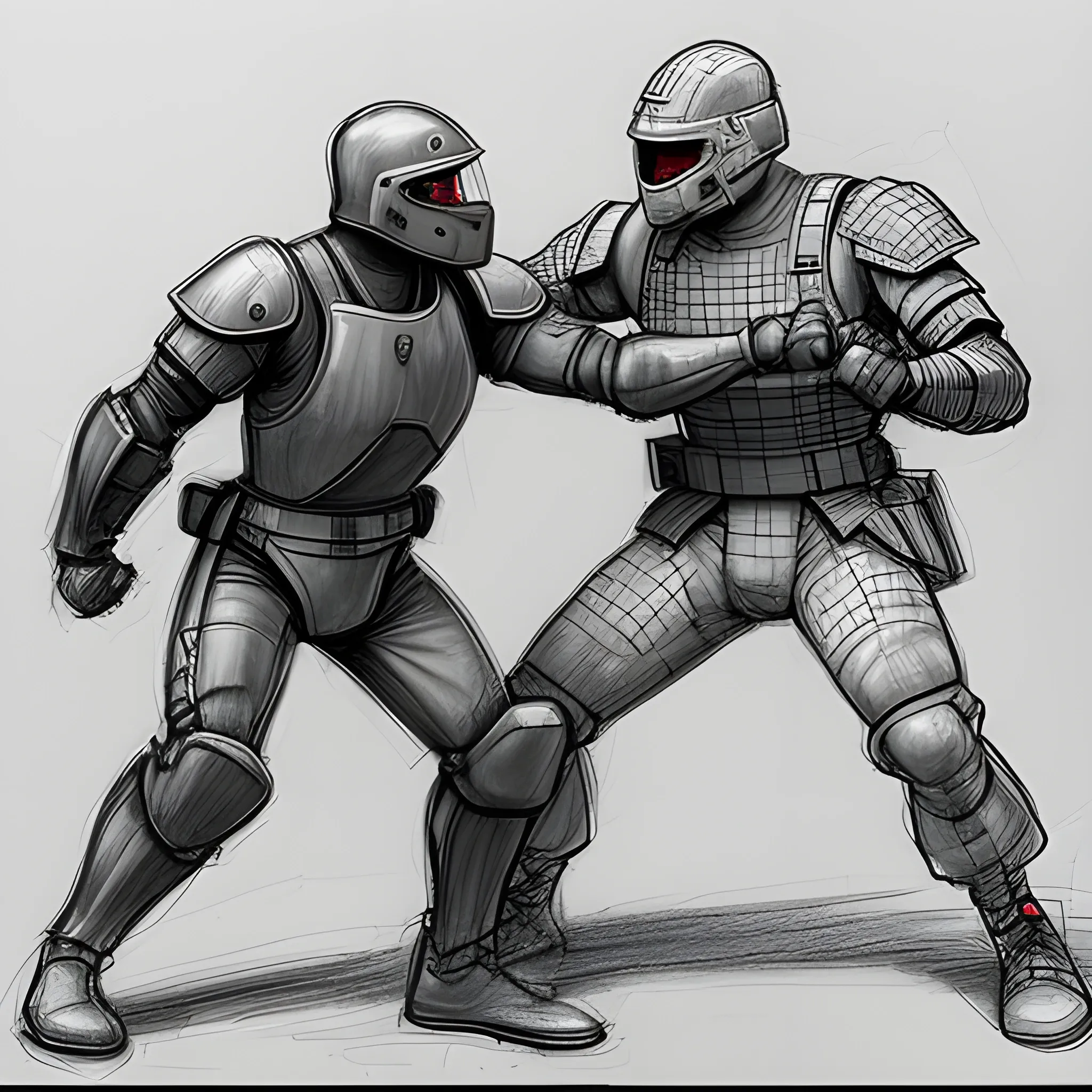 a fighter in his combat suit attacking a guard in a normal suit in the garage, many stop cars, using a combat nive,stap him in his nick, Pencil Sketch, 3D