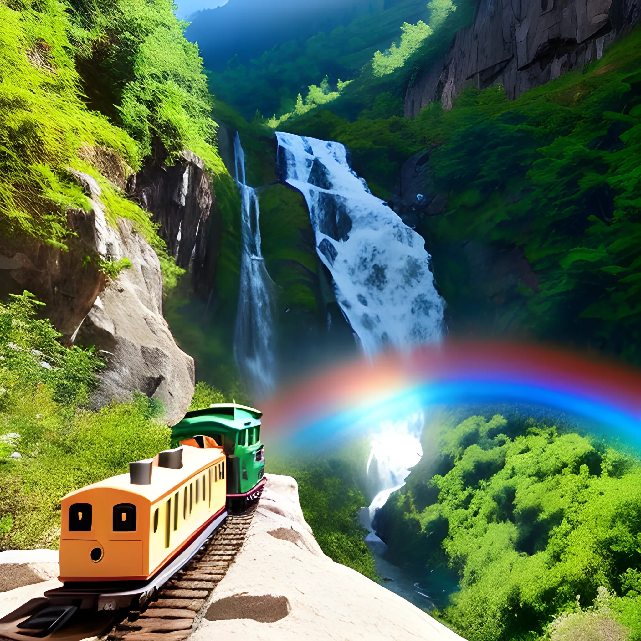 a chubby woman, Mountains, near a waterfall, a toy train, rainbow and full of nature