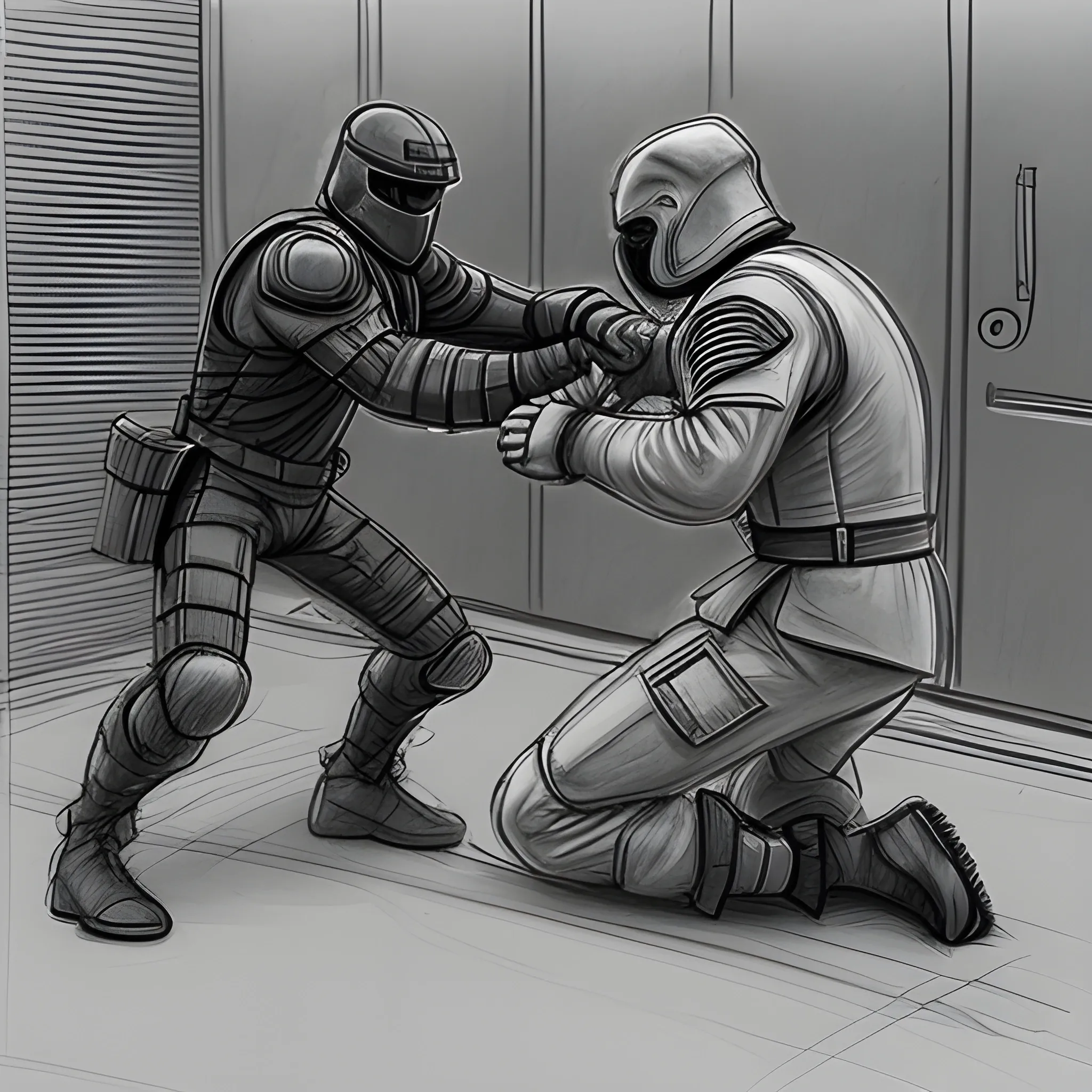 a fighter in his combat suit attacking a guard in a normal suit ...