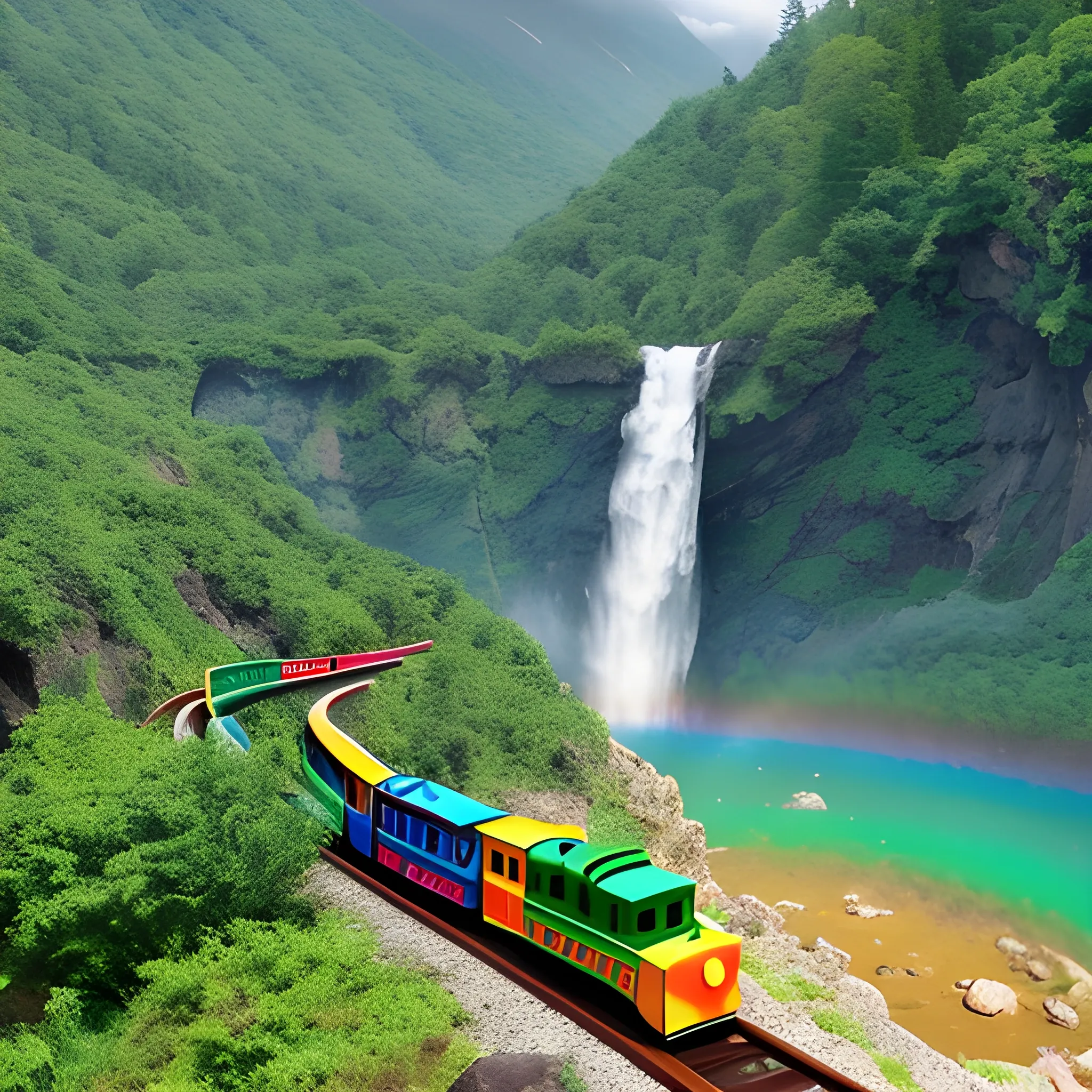 Mountains, near a waterfall, a toy train, rainbow and full of nature, a chubby woman;