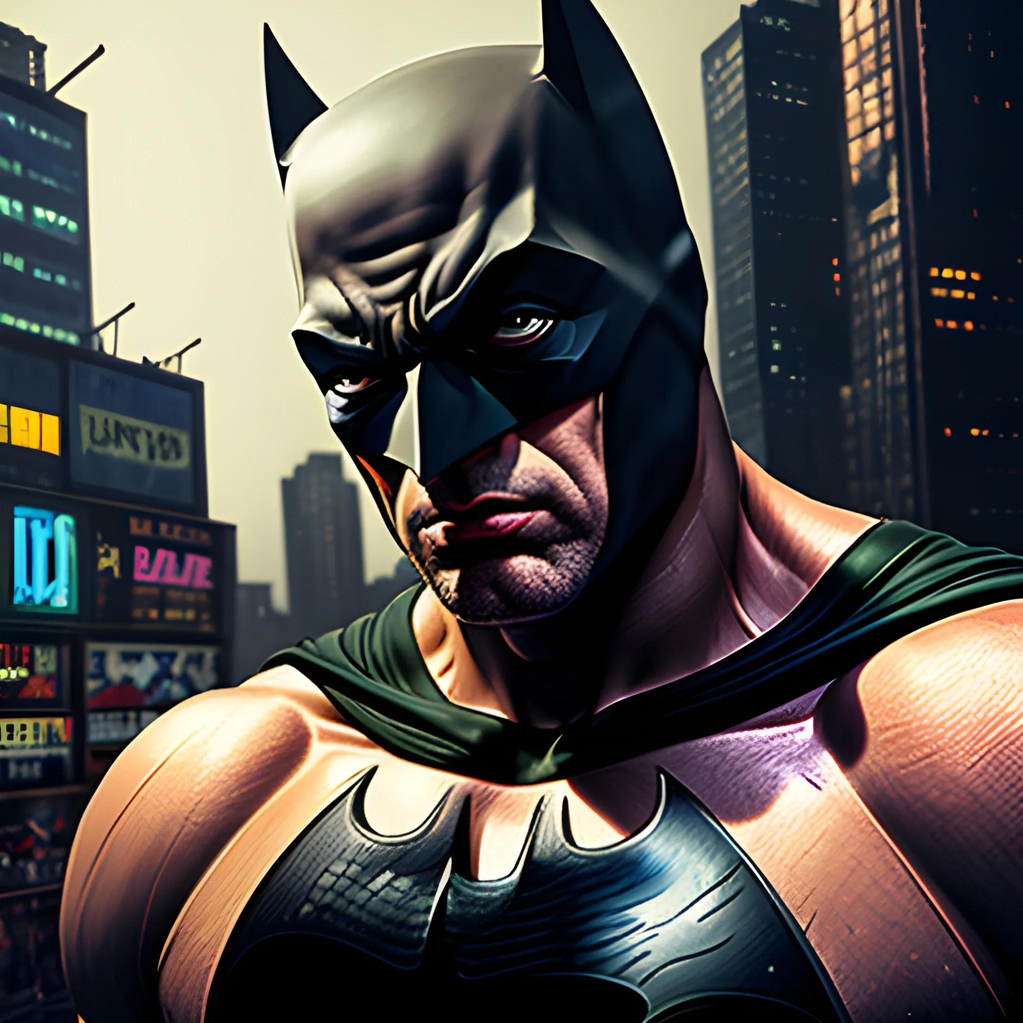 muscular batman without mask in the cyberpunk city, high-quality high detailed painting by Lucian Freud, hd, photorealistic lighting