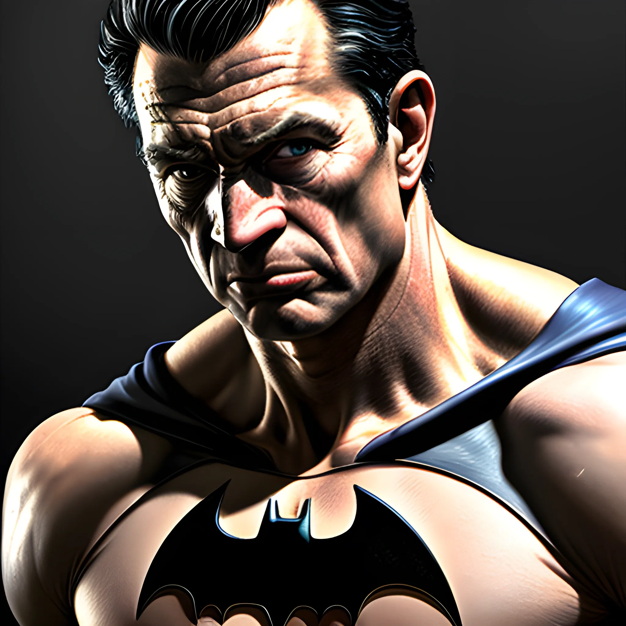 muscular Batman without mask, high-quality high detailed painting by Lucian Freud, hd, photorealistic lighting, mid shot