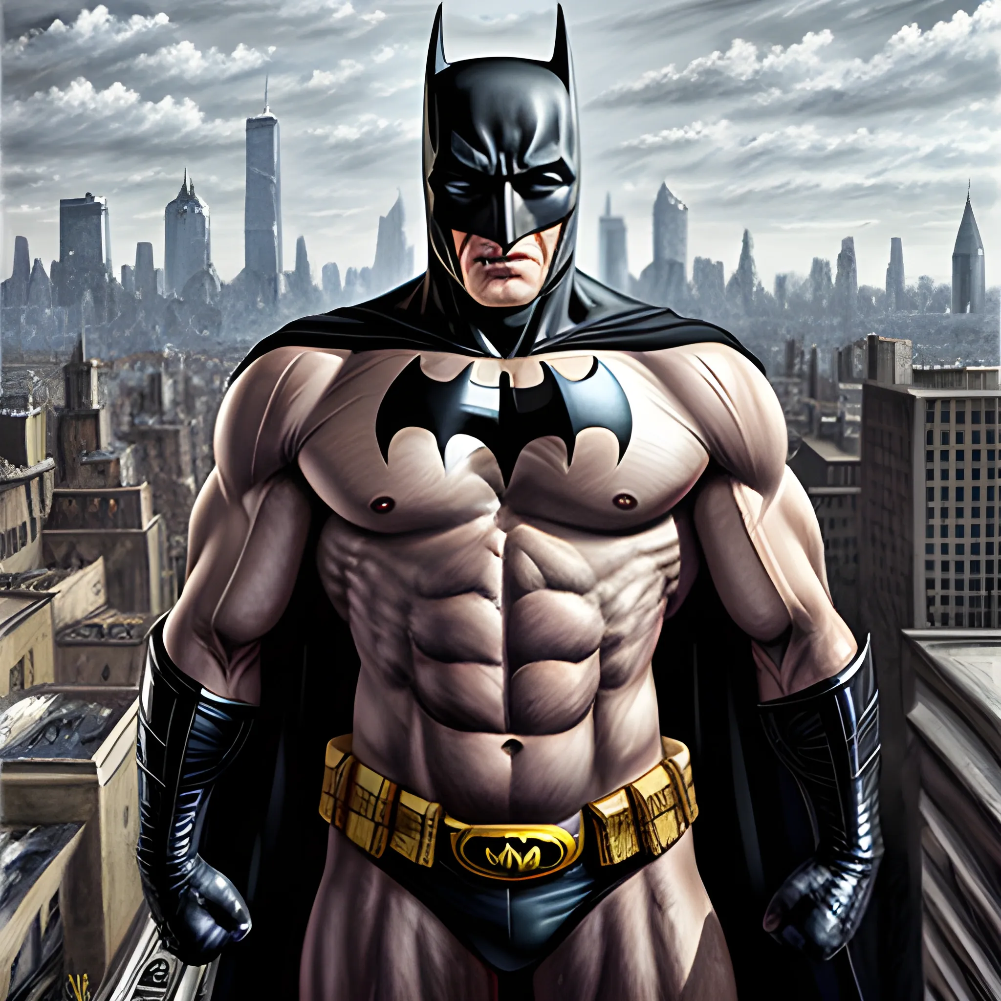 muscular Batman without a mask, high-quality high detailed painting by Lucian Freud, hd, photorealistic lighting, full body, Gotham city rooftop