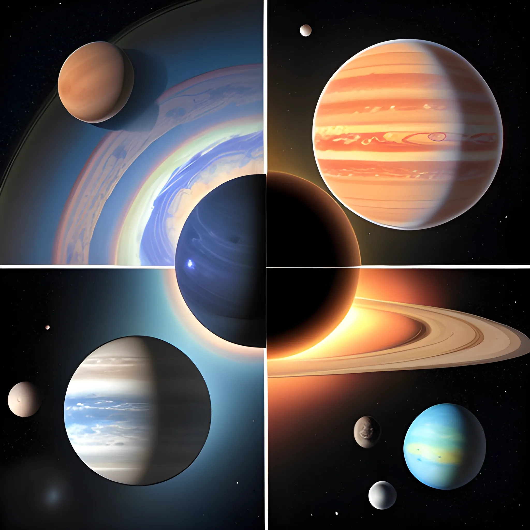 six planets of different sizes in a universe background, not ali ...
