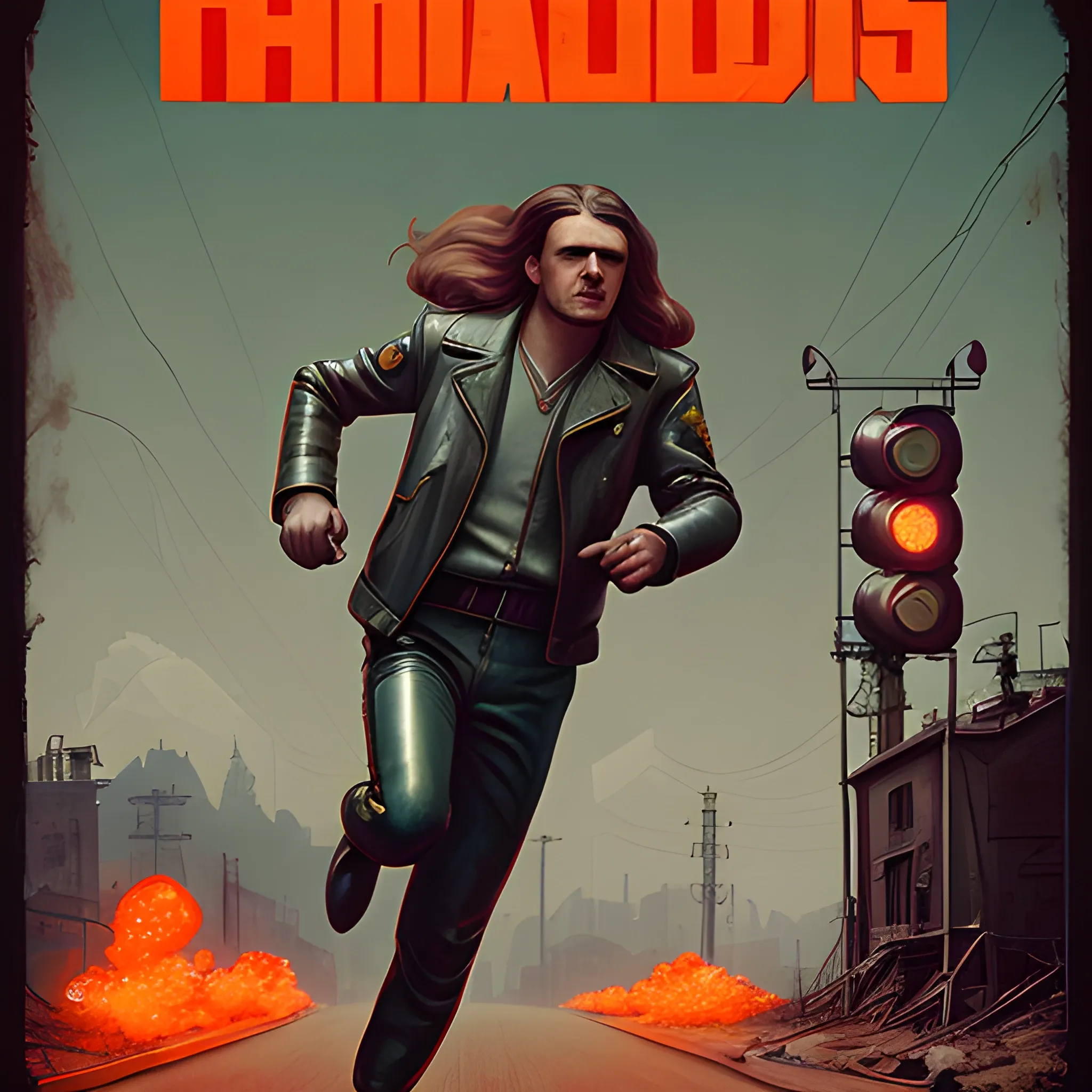 Vintage medium shot 1920's poster, futuristic, man running towards camera, 8k resolution, hyper-realistic, futuristic, simon stalenhag, exhausted, medium long hair, leather jacket