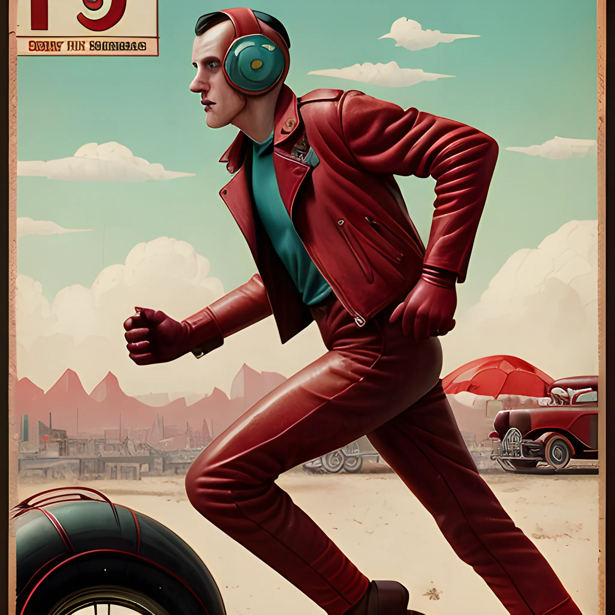 Vintage medium shot 1920's poster, futuristic, a man running towards the camera, 8k resolution, hyper-realistic, futuristic, simon stalenhag, exhausted, red leather jacket, front view