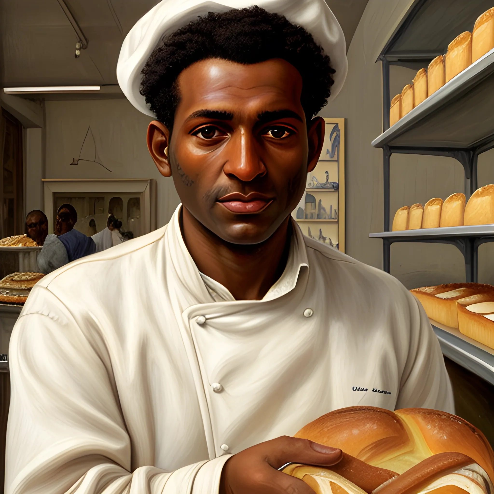 high-quality high detailed painting by Lucian Freud, hd, portrait of brown skin chef in a bakery, photorealistic lighting, 15th century 