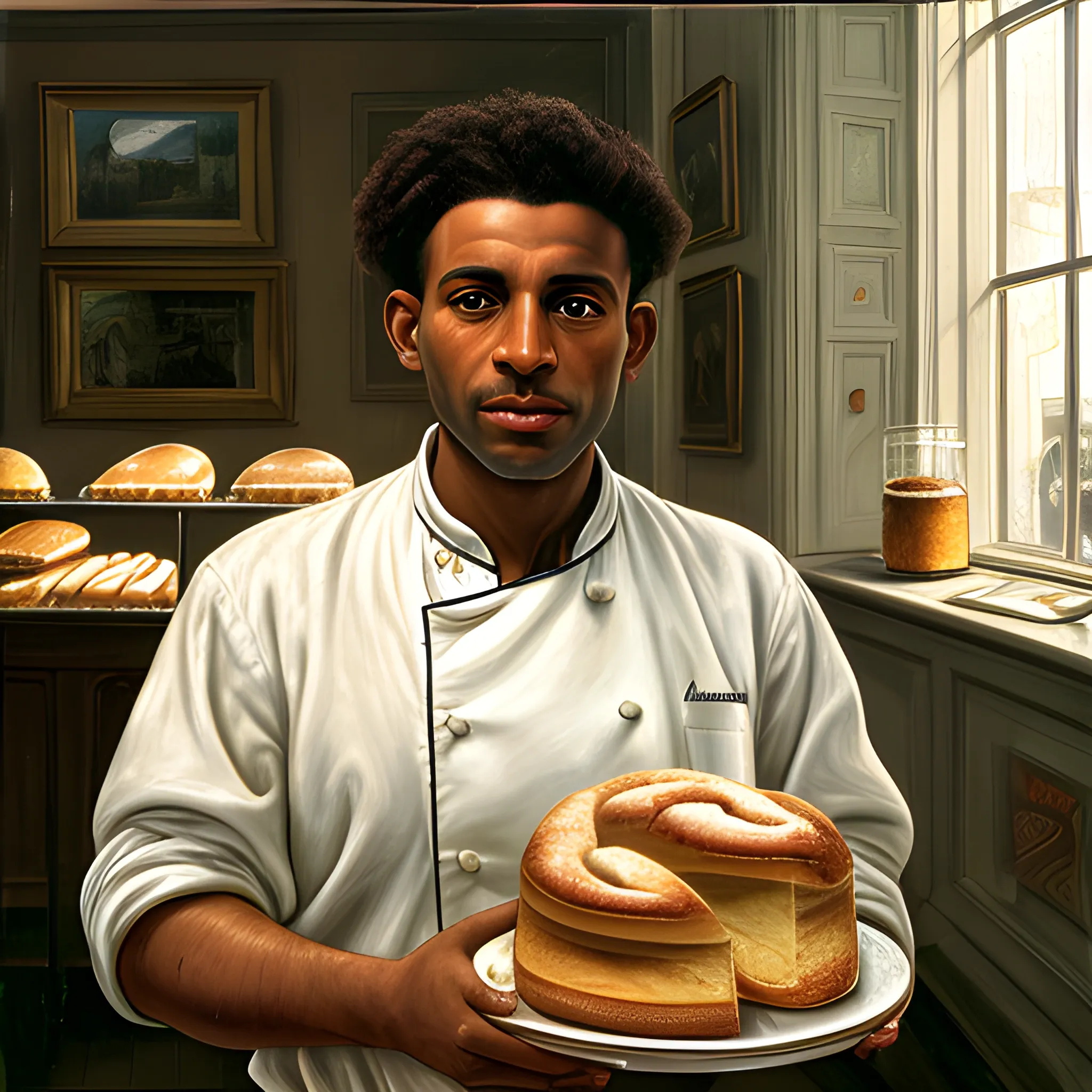 high-quality high detailed painting by Lucian Freud, hd, portrait of light brown skin chef in a bakery, photorealistic lighting, 15th century, interior of the bakery 