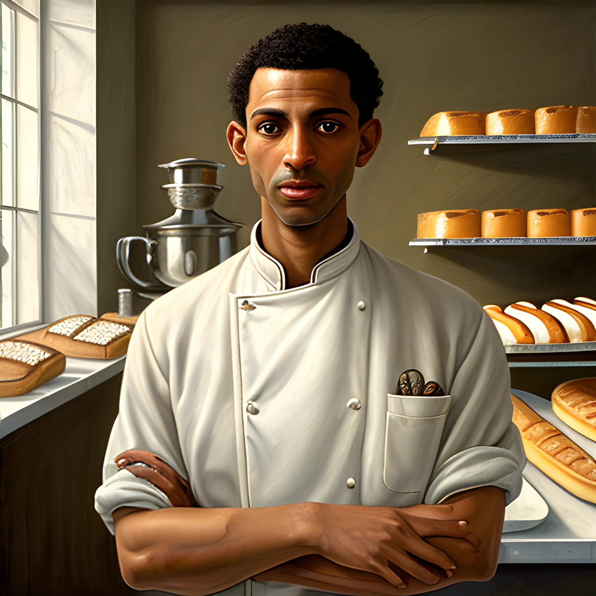 high-quality high detailed painting by Lucian Freud, hd, portrait of a light brown skin chef in a bakery, photorealistic lighting, 15th century, more interior of the bakery, straight short hair