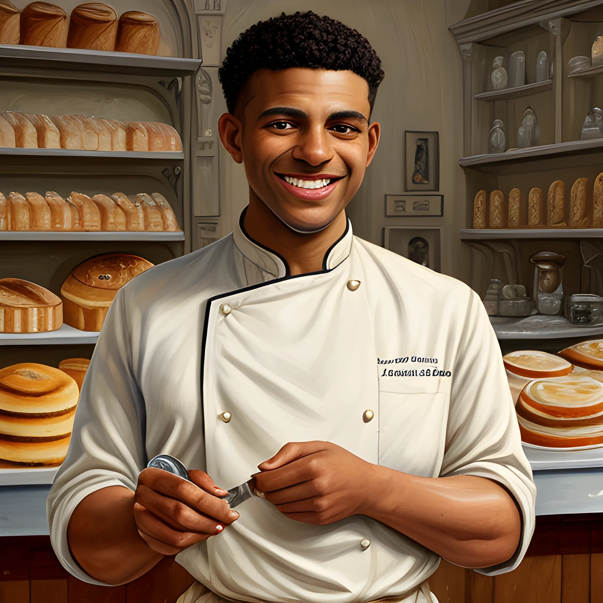 high-quality high detailed painting by Lucian Freud, hd, portrait of a light brown skin chef in a bakery, photorealistic lighting, 15th century, more interior of the bakery, undercut hairstyle, smiling face, holding knife