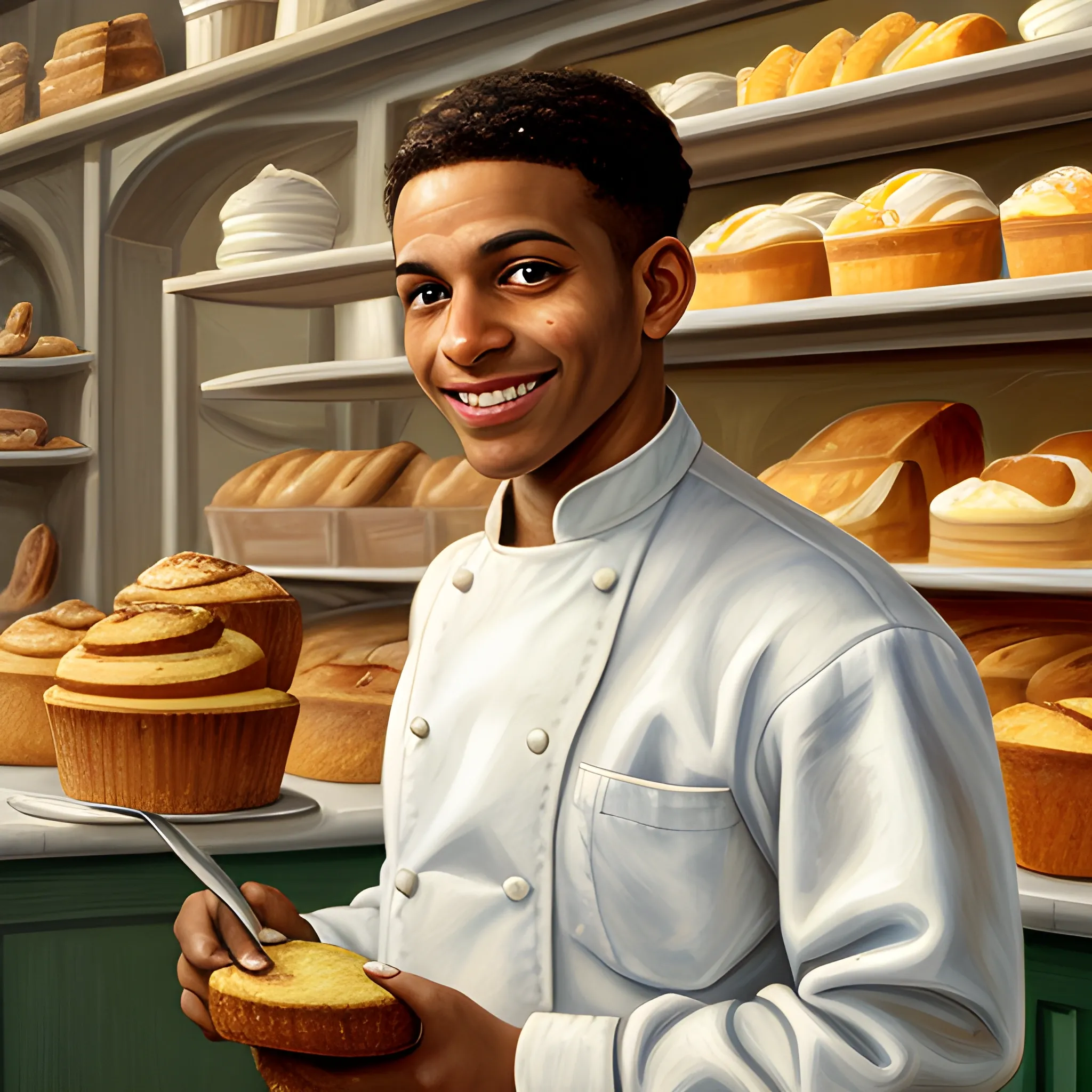 high-quality high detailed painting by Lucian Freud, hd, portrait of a light brown skin chef in a bakery, photorealistic lighting, 15th century, more interior of the bakery, undercut hairstyle, smiling face, holding a knife, straight hair, background filled with muffins