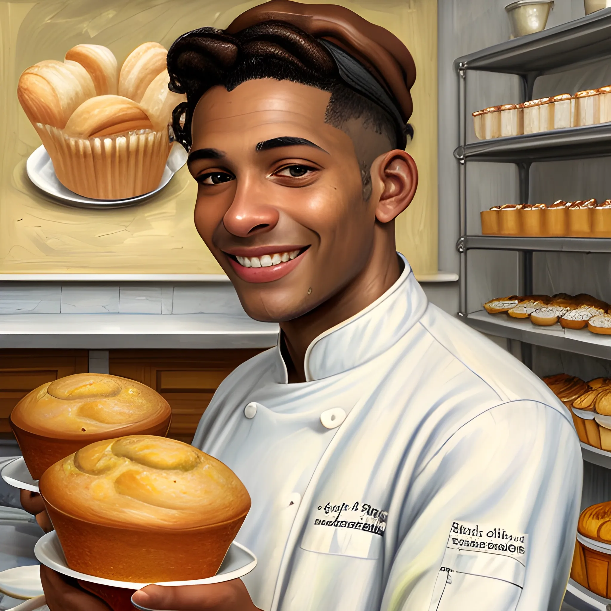 high-quality high detailed painting by Lucian Freud, hd, portrait of a light brown skin chef in a bakery, photorealistic lighting, 15th century, more interior of the bakery, undercut hairstyle, smiling face, holding a knife, straight hair, background filled with muffins, add chef cap