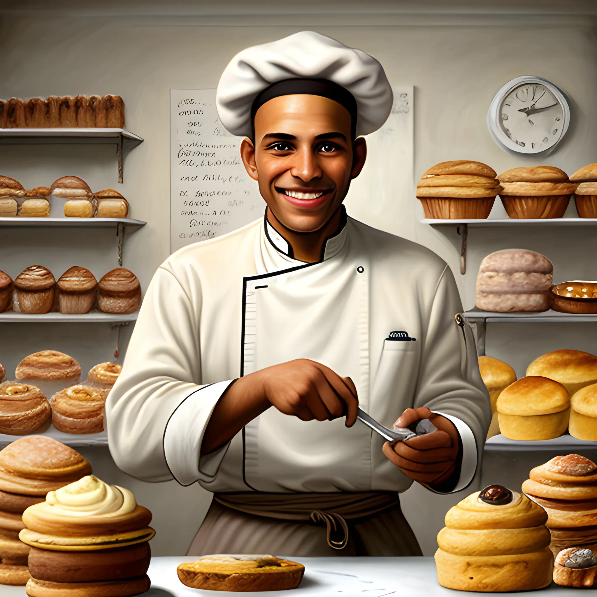 high-quality high detailed painting by Lucian Freud, hd, portrait of a light brown skin chef in a bakery, photorealistic lighting, 15th century, more interior of the bakery, undercut hairstyle, smiling face, straight hair, background filled with muffins, add long chef cap, holding a knife, broad face