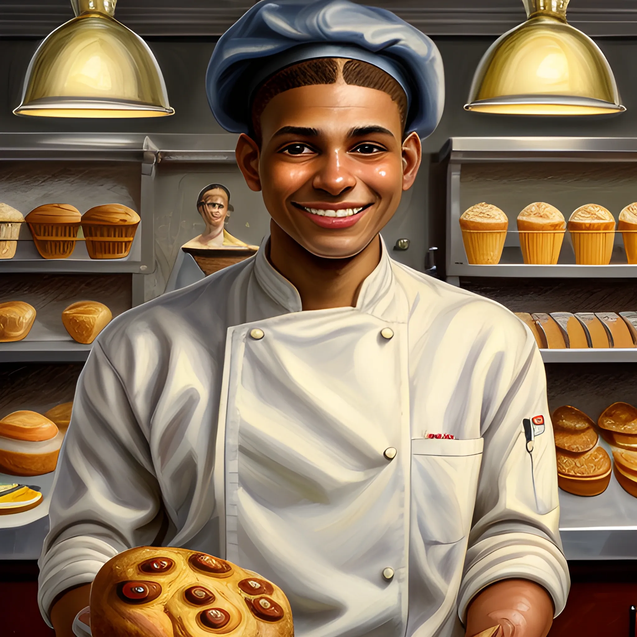 high-quality high detailed painting by Lucian Freud, hd, portrait of a light brown skin chef in a bakery, photorealistic lighting, 15th century, more interior of the bakery, undercut hairstyle, smiling face, straight hair, background filled with muffins, add long chef cap, holding a knife, broad face, establishing shot