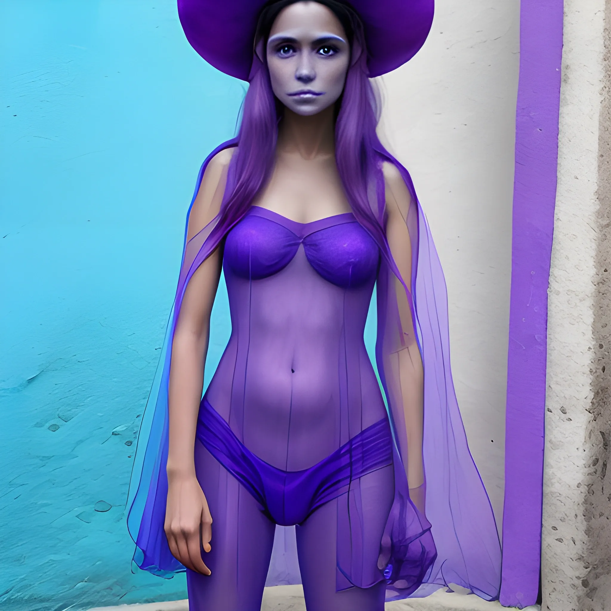 Mujer elfo de proporciones humanas, alas de color azul, transparentes, ropa de color morado, sin sombrero, cabello largo, 