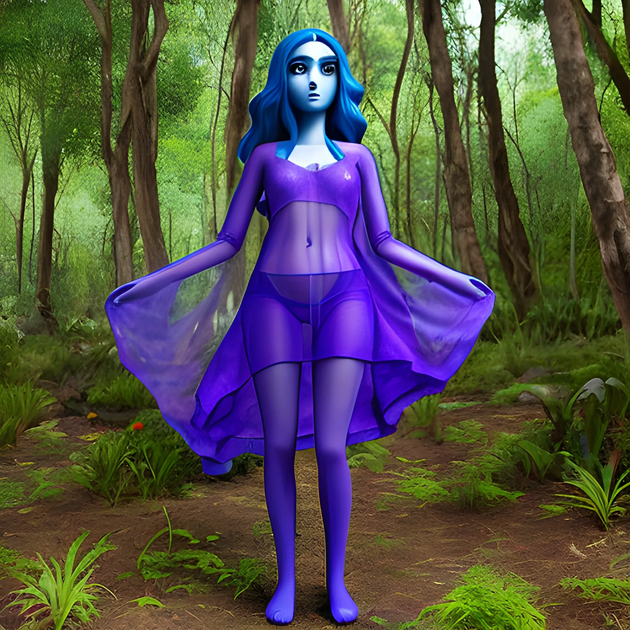 Mujer elfo de proporciones humanas, alas de color azul, transparentes, ropa de color morado, sin sombrero, cabello largo, en un bosque,  chill, flores 