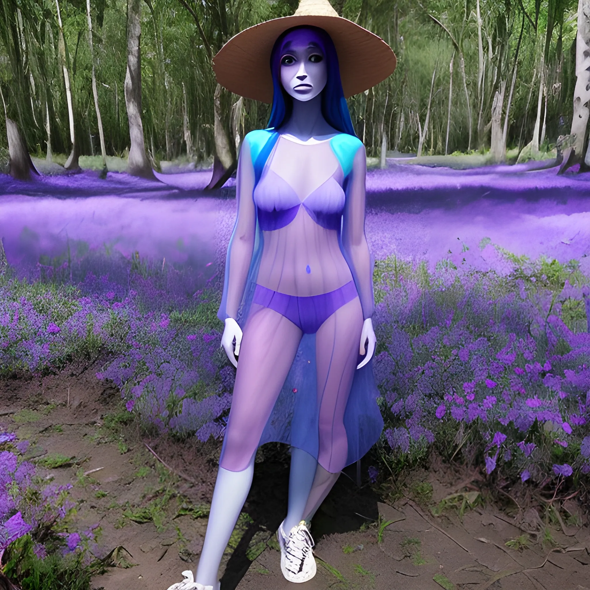 Mujer elfo de proporciones humanas, alas de color azul, transparentes, ropa de color morado, sin sombrero, cabello largo, en un bosque,  chill, flores , Trippy