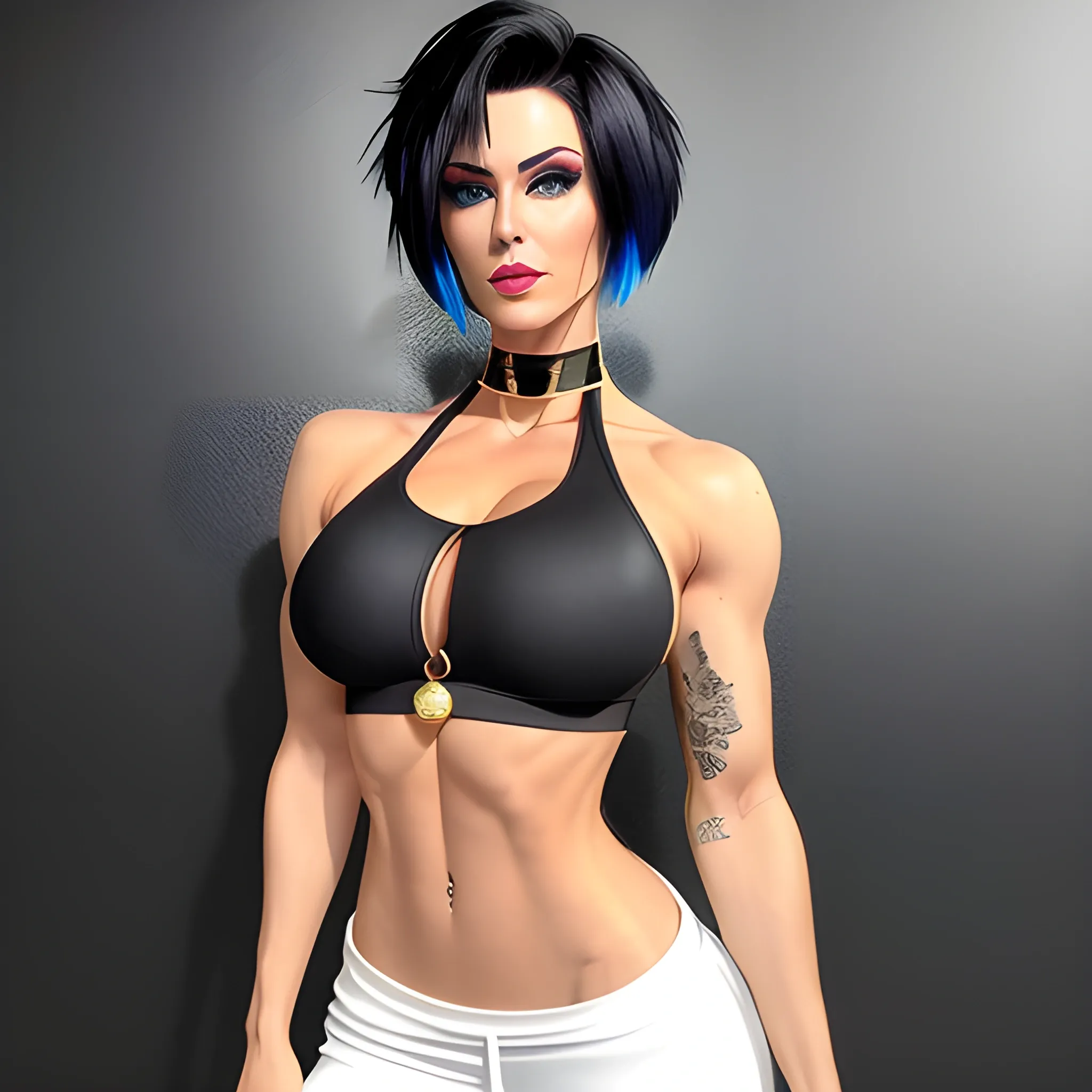 girl, short black spiky hair, blue eyes,  gold earrings with a green gem, D cup breast, six pack, toned abdomen, toned thigs wide hips, white training top, black sweatpants, gold boots