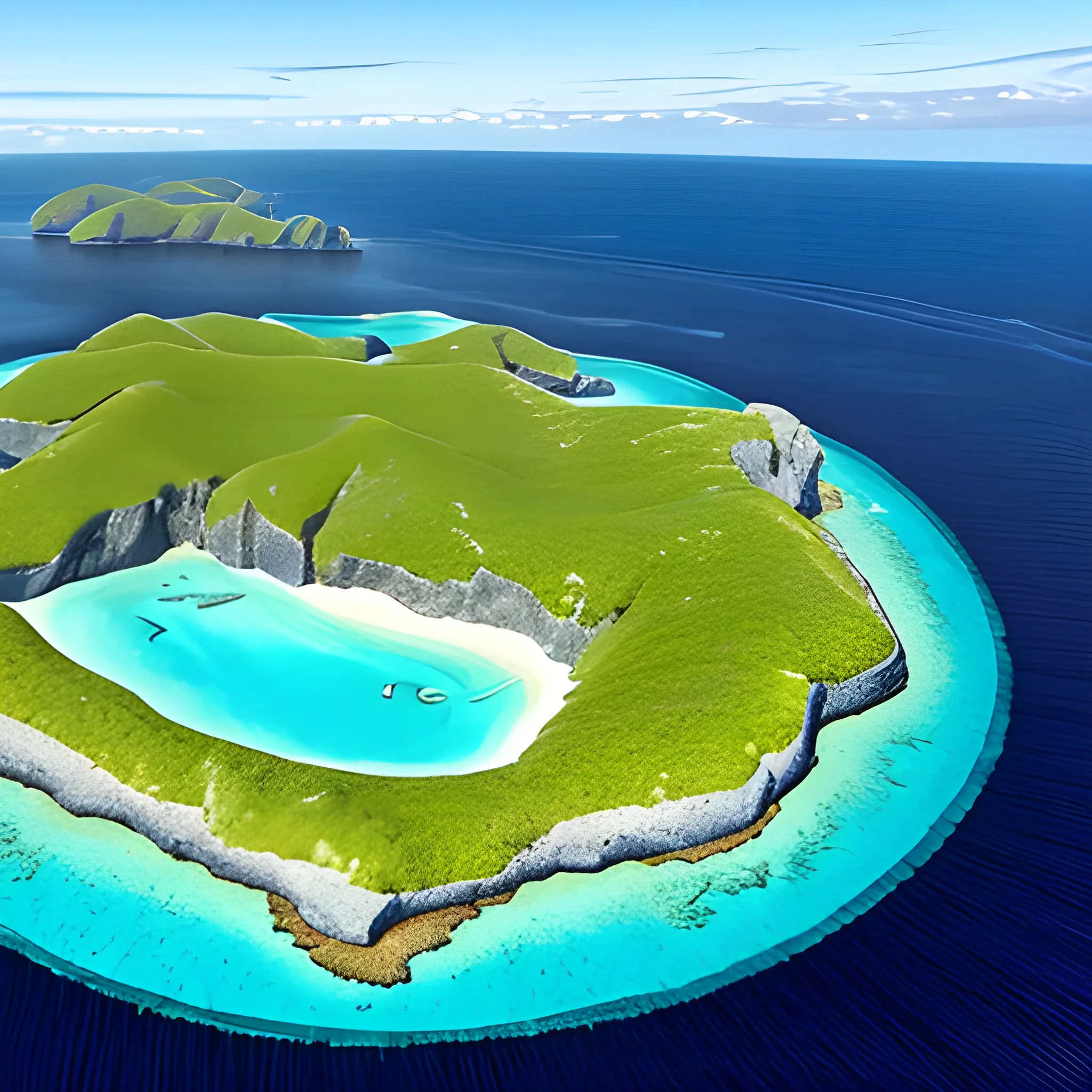 An open sea with 6 small isolated islands seen from the sky, Cartoon