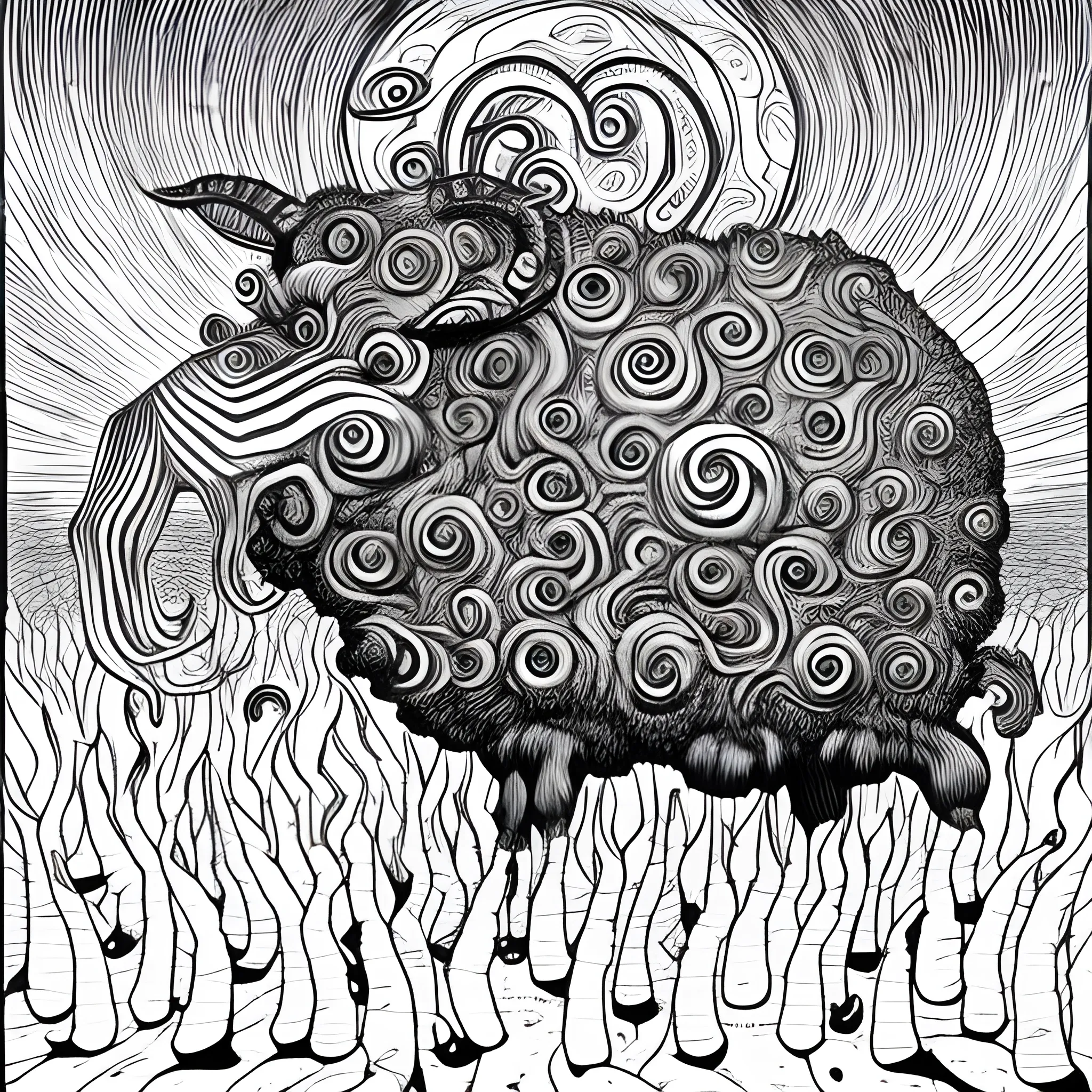 sheep as an eldritch abomination, illustrated by Junji Ito, Lovecraftian, line art