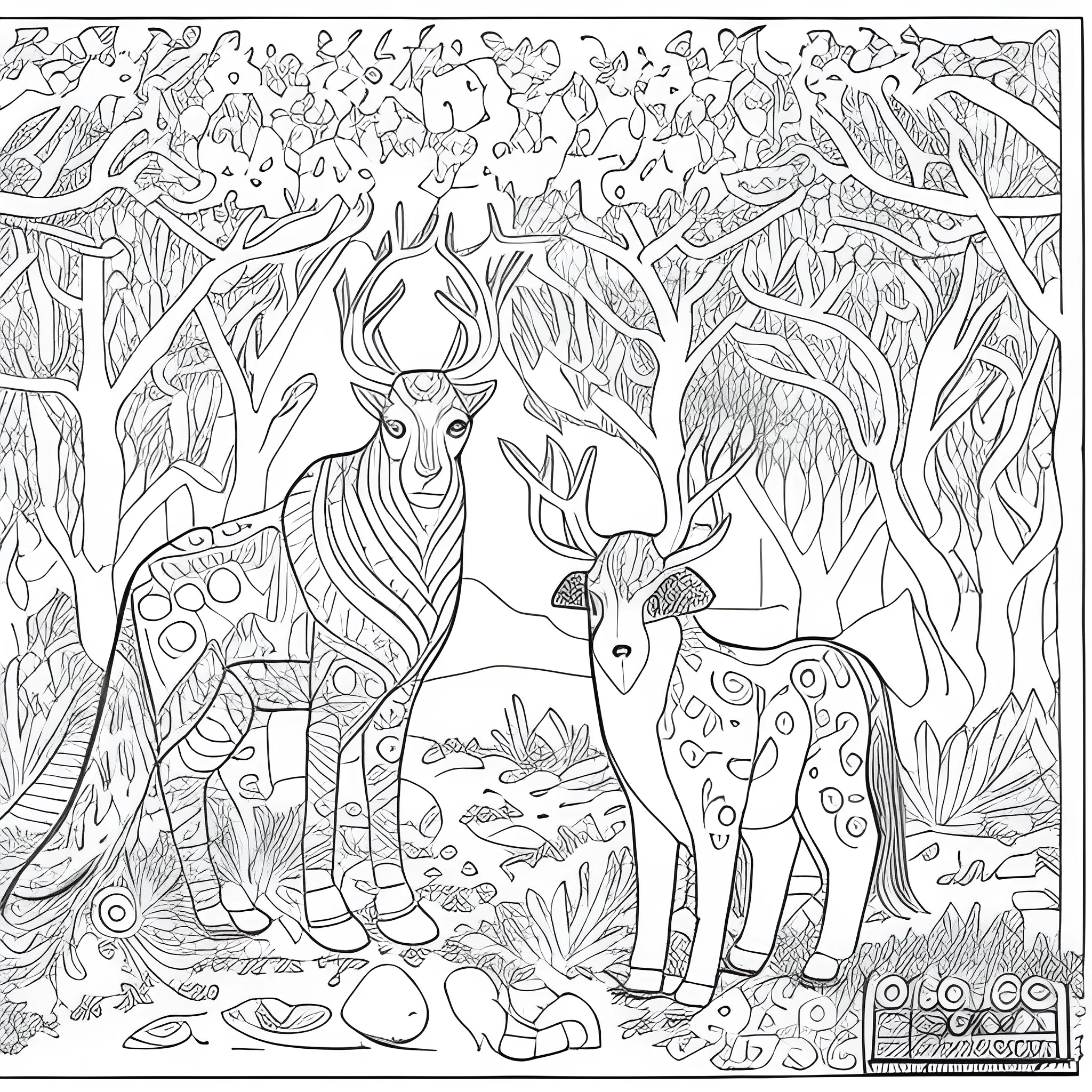 a coloring page of animals in forest