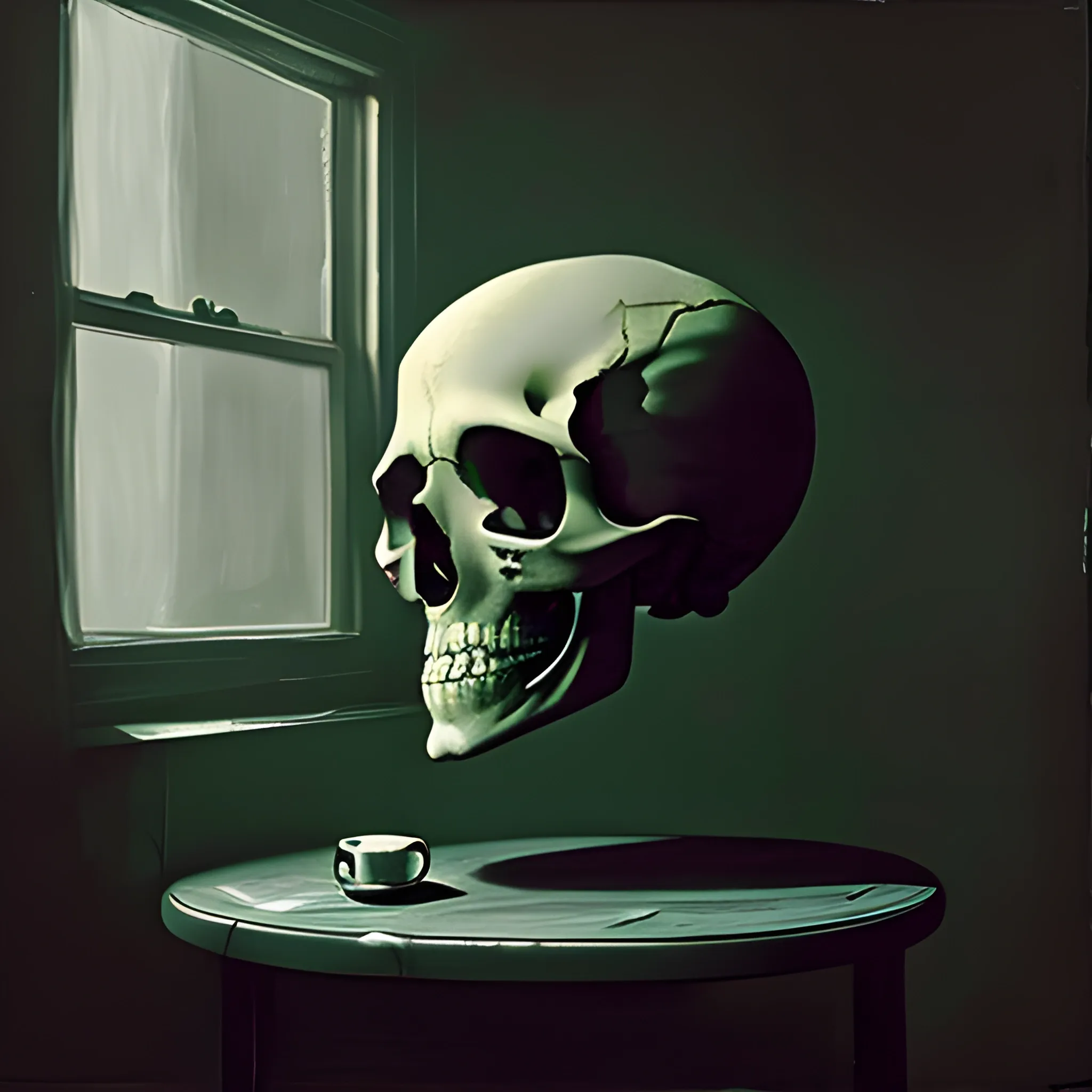 a painting of a skull on a table inside a [pitch black room:15] , moonlight cast through the window from outside, by BARTLETT,BO