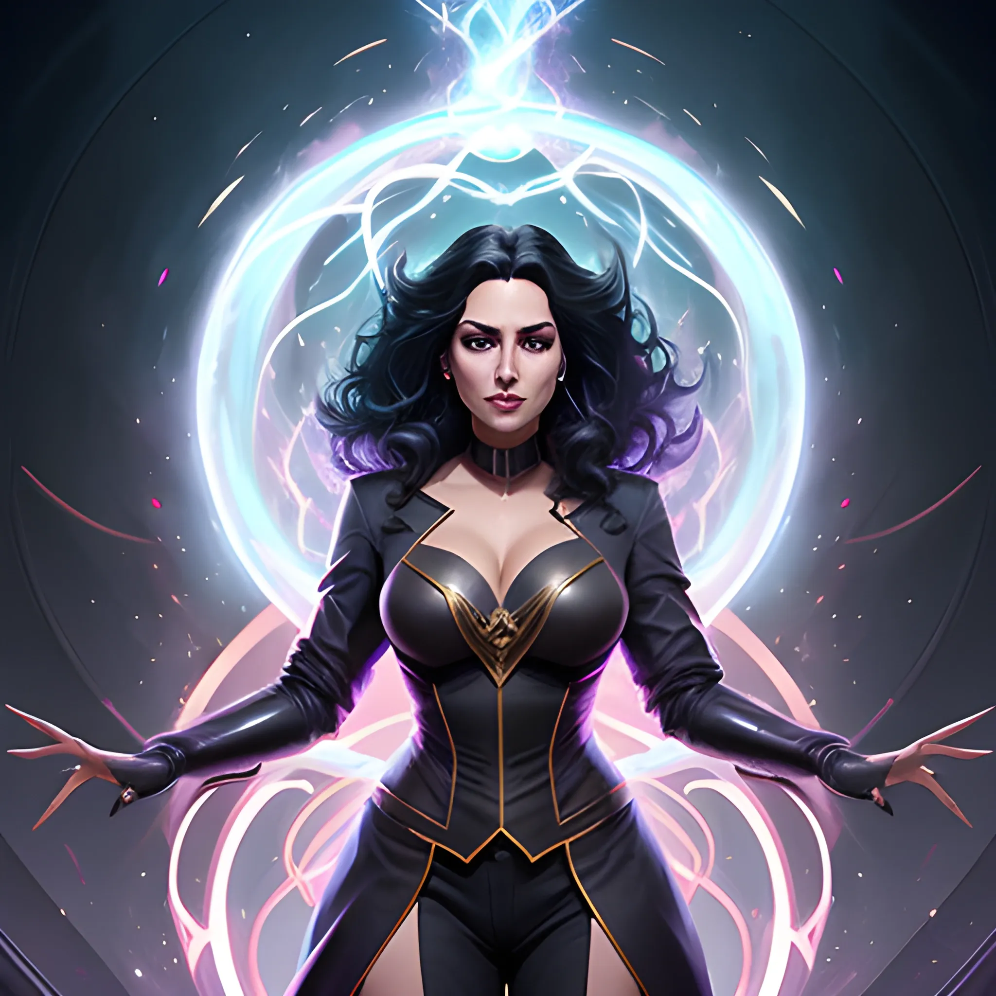 realistic portrait of a sarcastic young teen girl, d&d magic fantasy, dark magical school student uniform, dark curly hair, Piel morena, casting a bright large-scale magical spell ball on Her hands, overflowing energy, highly detailed, digital painting, trending on artstation, pixiv, concept art, sharp focus, illustration, art by Ross Tran and Greg Rutkowski and Walt Disney animation