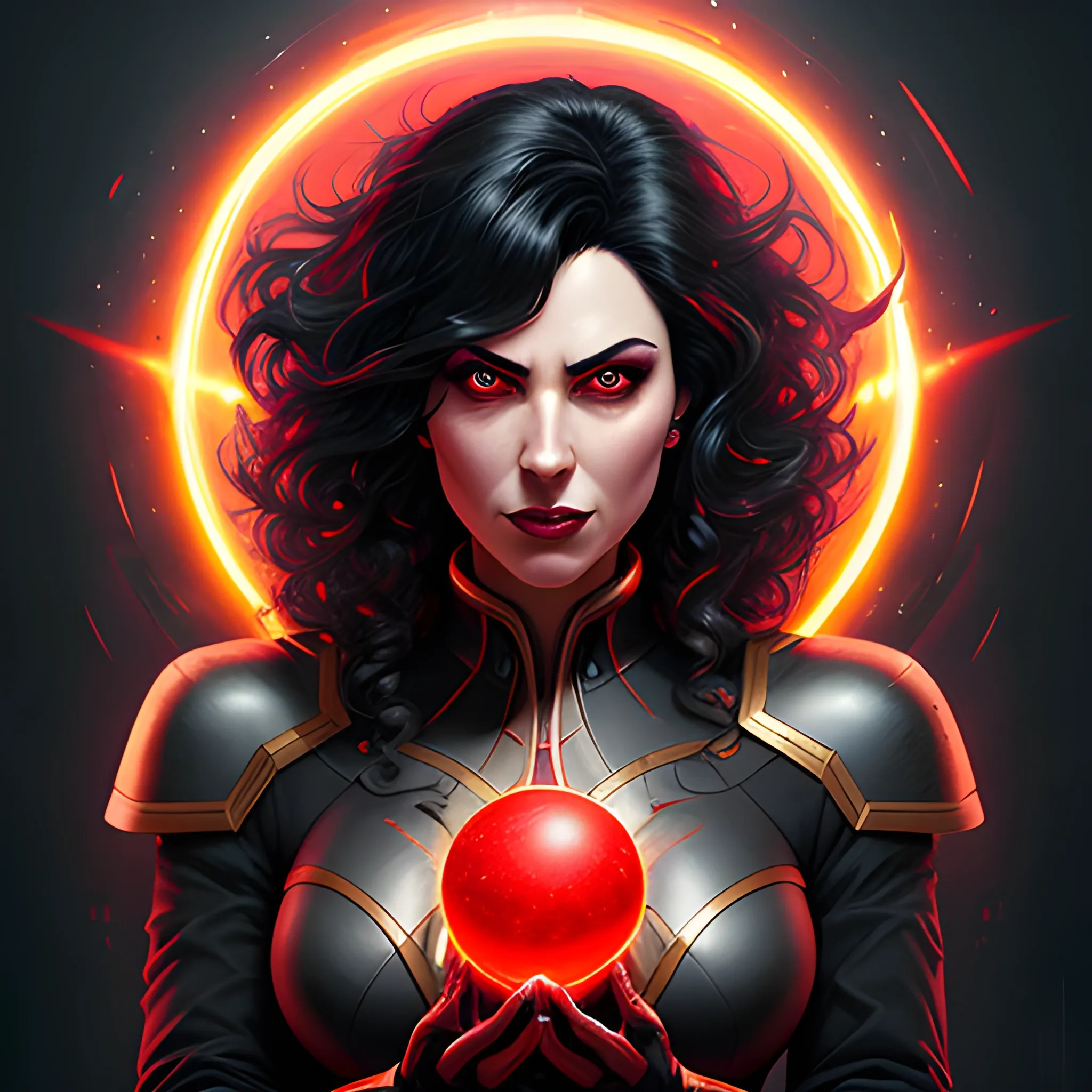 realistic portrait of a sarcastic young teen girl, d&d magic fantasy, dark magical school student uniform, dark curly hair, black skin, casting a bright a red large-scale magical ball on Her hands, red eyes, overflowing energy, highly detailed, digital painting, trending on artstation, pixiv, concept art, sharp focus, illustration, art by Ross Tran and Greg Rutkowski and Walt Disney animation