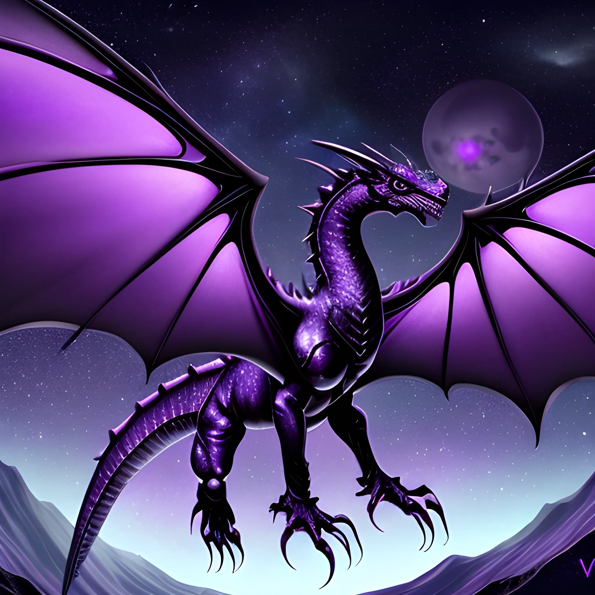 Black-dark-violet dragon, violet space, 1920x1080, stars in wings