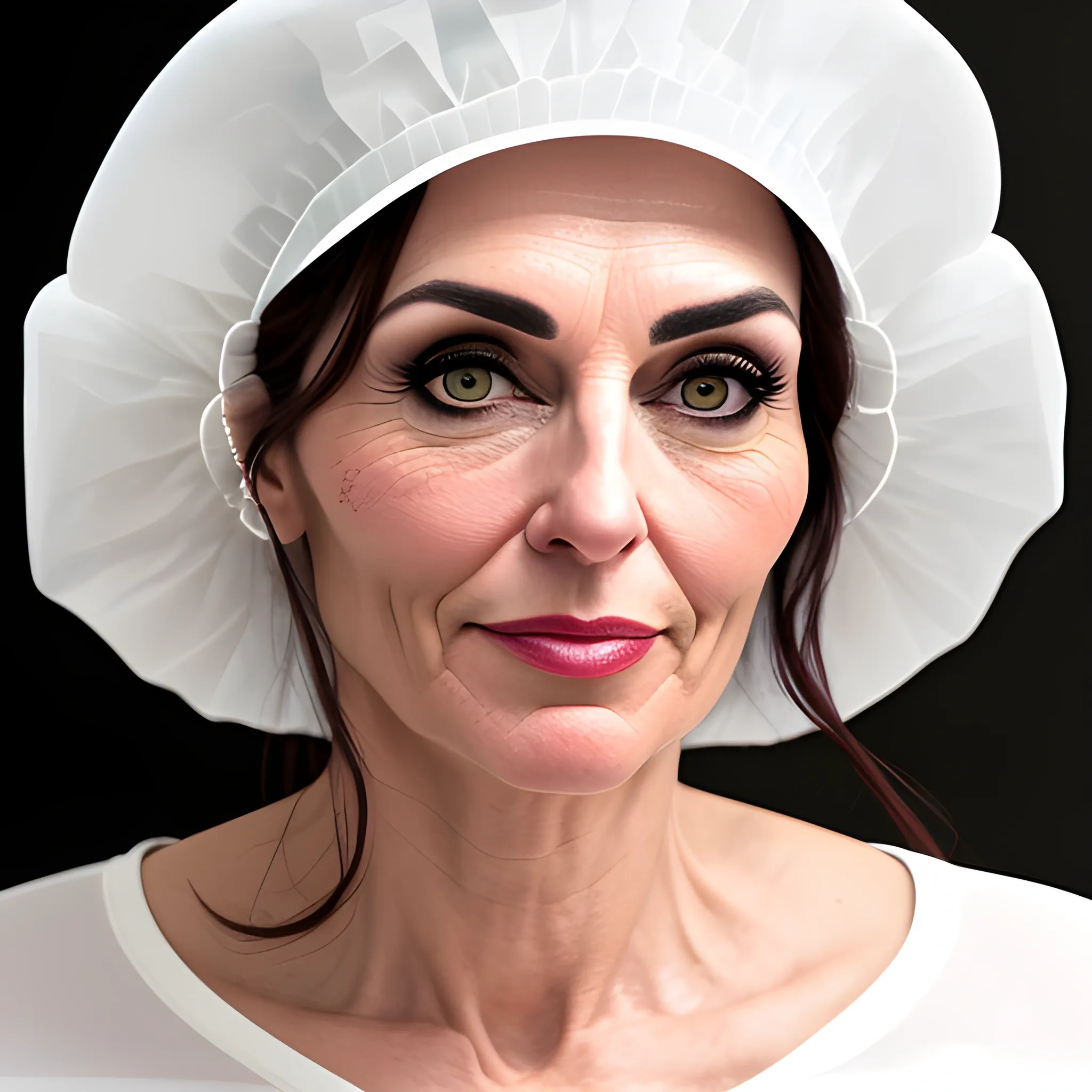 a girl's face from the front, in close-up, with clear eyes and a cook hat and cook clothes