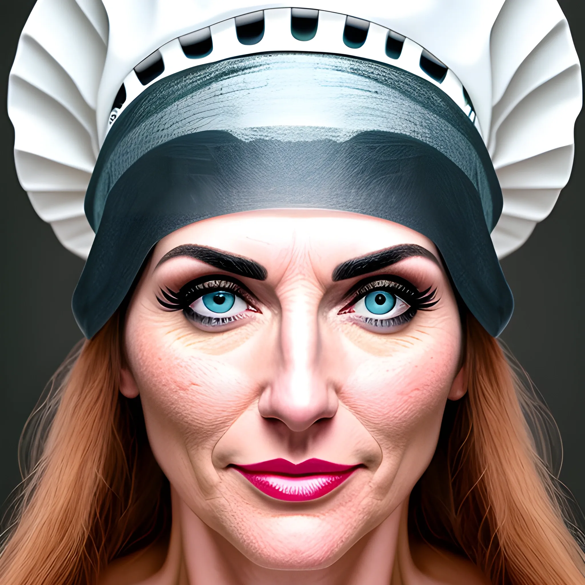 a girl's face from the front, in close-up, with clear eyes and a cook hat and cook clothes