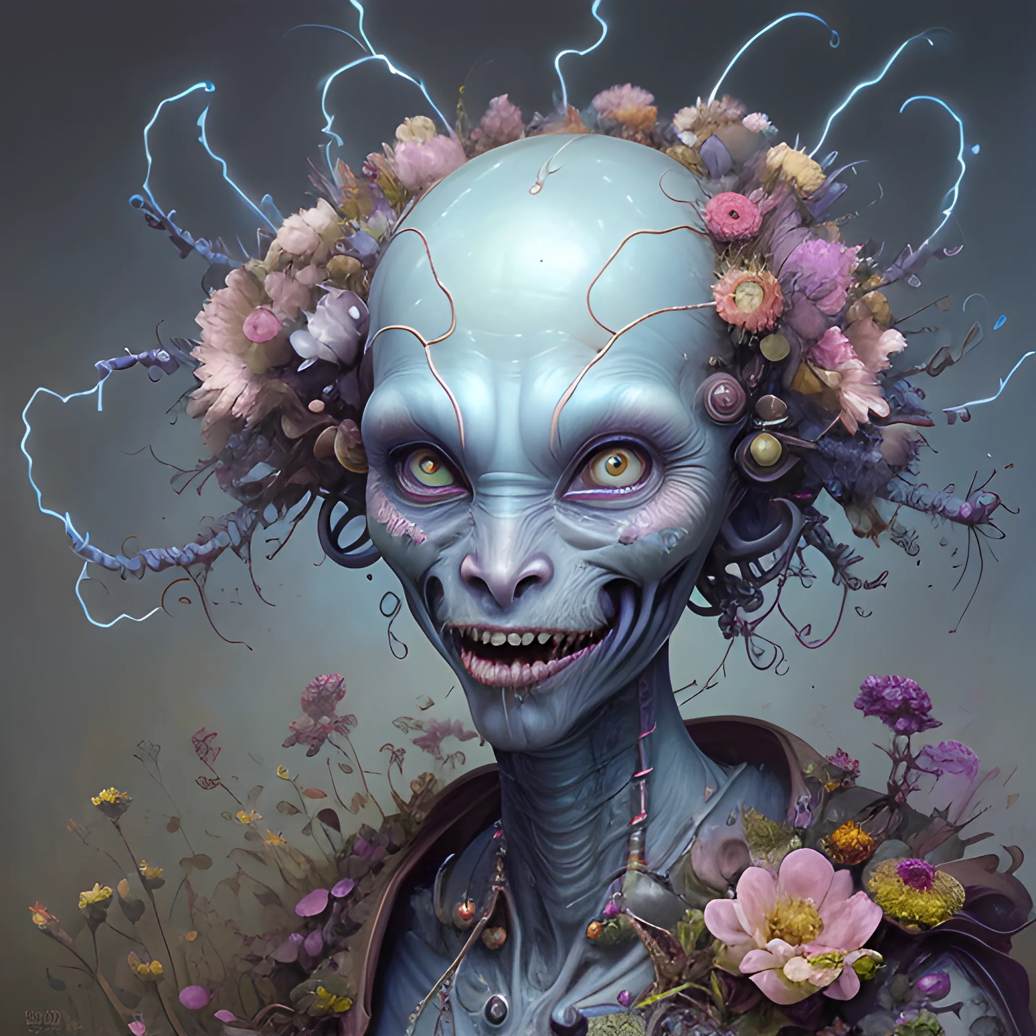 Weird alien with blue lightning and candy, mouth open, strange garden, flower heaven, fabulous characters with character by Jean-Baptiste Monge, Ralph Horsley character portrait, cgsociety, fantastic art, formal art, contest winner, concept art demarchelier, pastel colors, desaturated composition, digital painting - n 5, details and vivid colors, painting style, soft red tones, realistic, intangible quality, 12k resolution, complex details, perfect sharpness