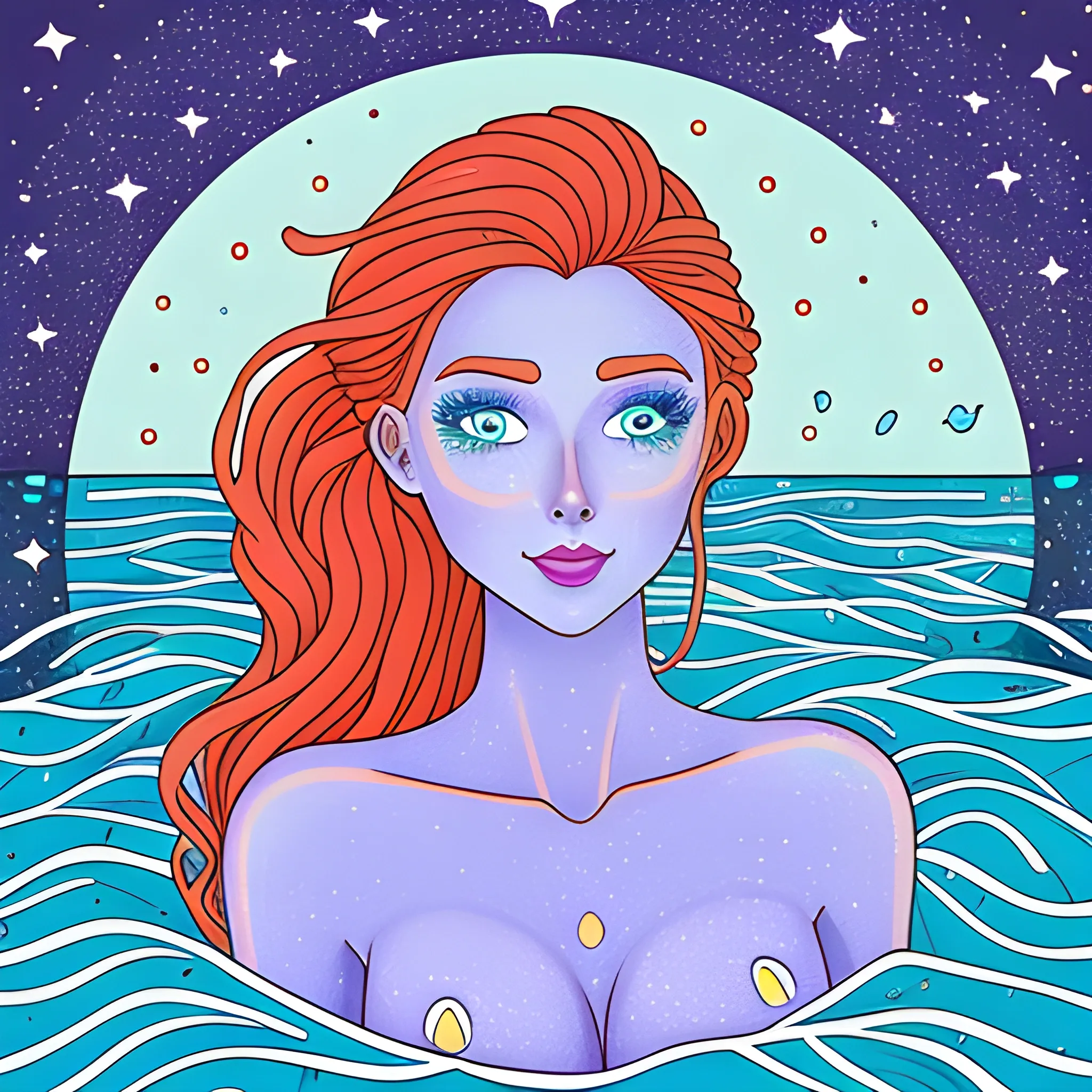 illustration, best quality, colorful, line art, flat colors, Girl, 18 years old, redhead, long hair, hair tied back, pretty face, perfect face, The Sea of ​​Stars, An isolated beach that comes alive at night. Bioluminescent microorganisms in the water transform the sea into a sparkling carpet of stars, illuminating every step taken on the sand and providing a magical and romantic atmosphere, Perfect mouth, perfect eyes, perfect face