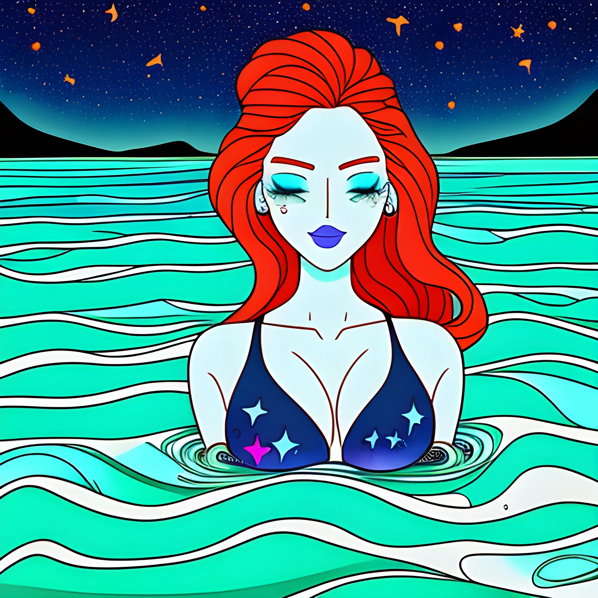 illustration, best quality, colorful, line art, flat colors, Girl, 18 years old, redhead, long hair, hair tied back, pretty face, perfect face, The Sea of ​​Stars, An isolated beach that comes alive at night. Bioluminescent microorganisms in the water transform the sea into a sparkling carpet of stars, illuminating every step taken on the sand and providing a magical and romantic atmosphere, Perfect mouth, perfect eyes, perfect face