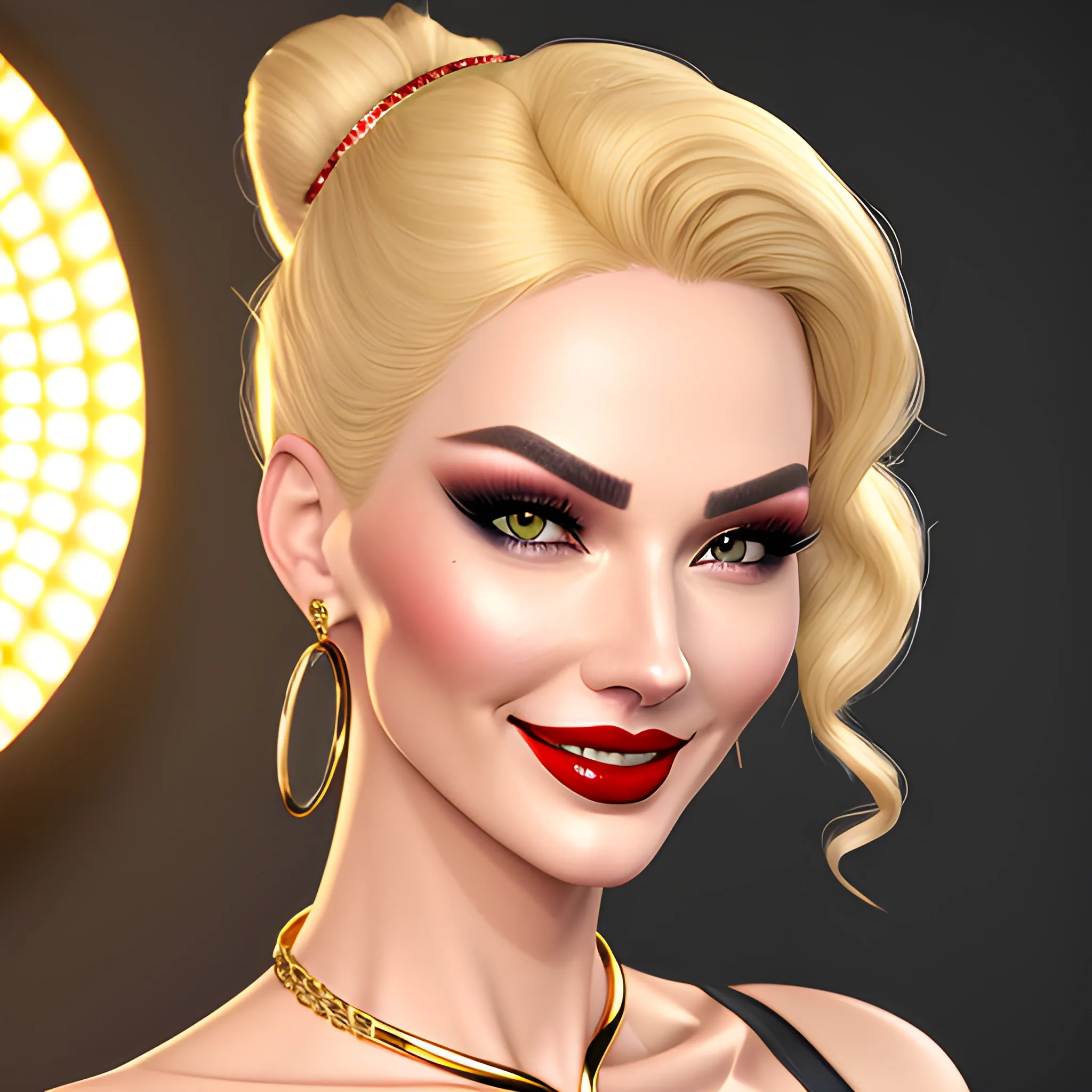 Nina williams, red lips, appealing, detailed face, detailed eyes, pretty eyes, tight bun hairstyle, dynamic lighting, high definition, 4k, highly detailed, best quality, highres, detailed work, bright runway lighting, blonde, g-cups size, evil smile, smirk, wearing Victoria's secret bra, high waisted jeans, gold egyptian necklace